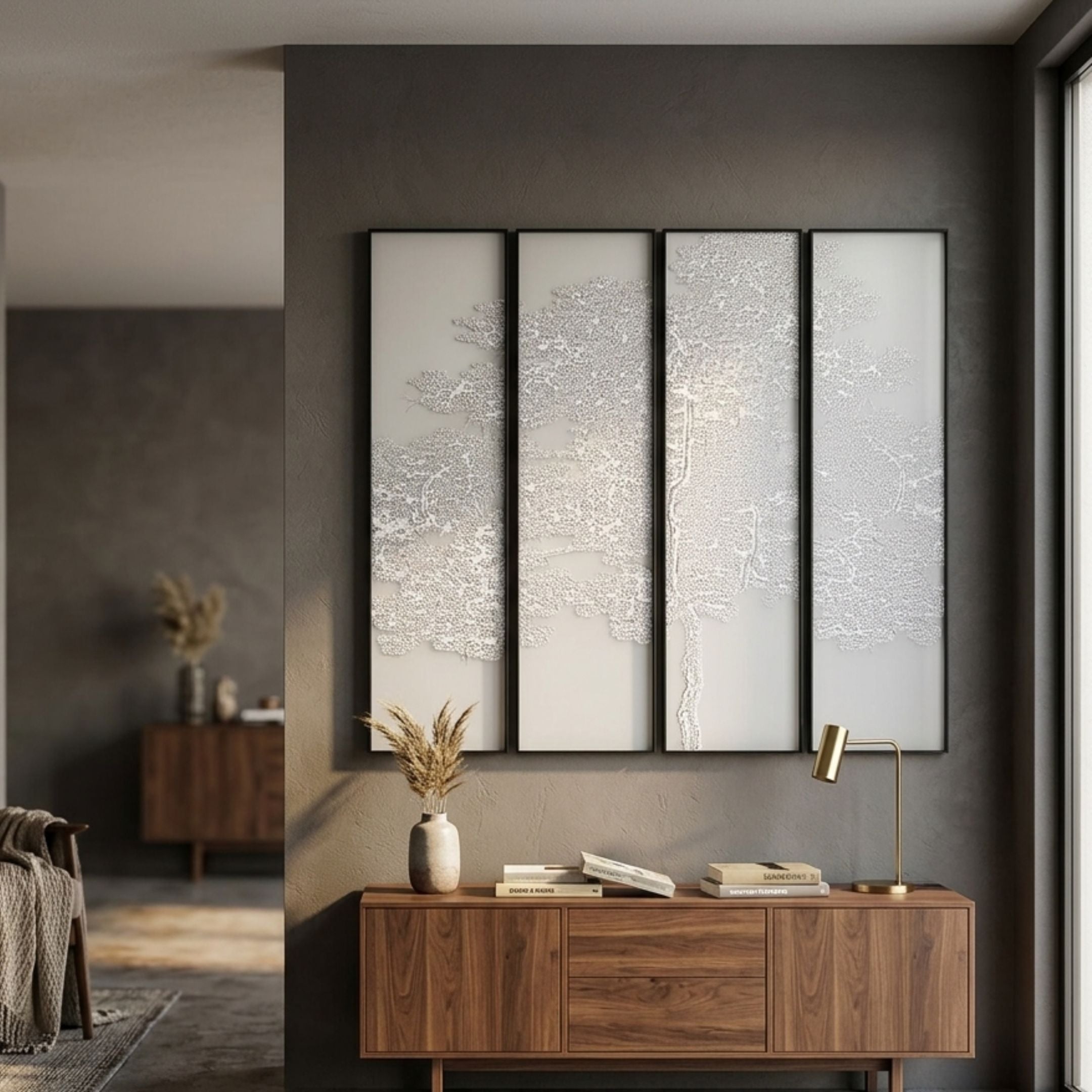 Etheline Silk Art Wall Panels Nature's Serenity by Giant Sculptures, four vertical white tree silk panels on a dark grey wall above a walnut sideboard.