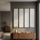 Etheline Silk Art Wall Panels Nature's Serenity by Giant Sculptures, four vertical white tree silk panels on a dark grey wall above a walnut sideboard.