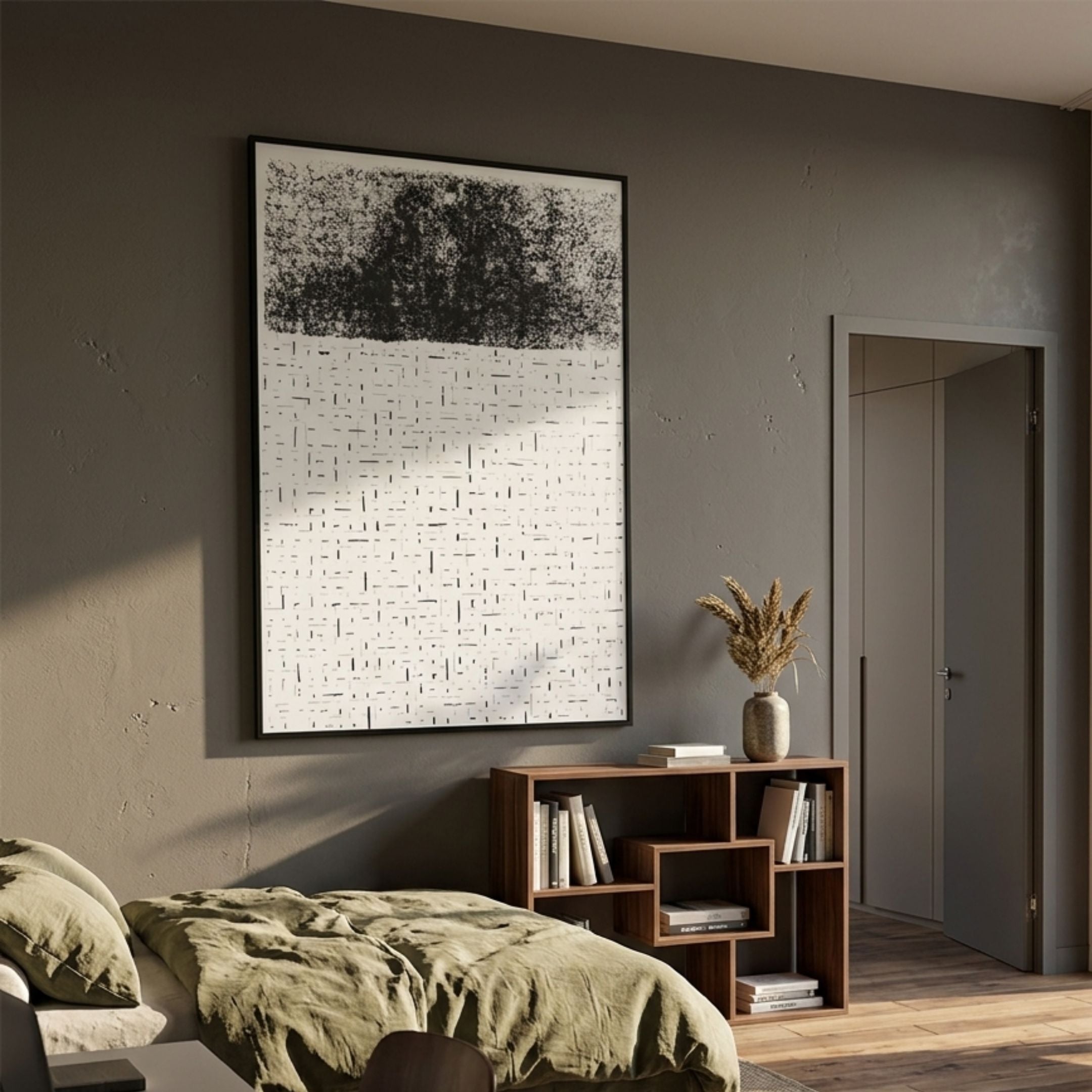 Ethore Minimalist Silk Art Wall Decor by Giant Sculptures displayed in a modern bedroom above a walnut bookshelf, beside olive linen bedding and a grey wall.
