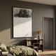Ethore Minimalist Silk Art Wall Decor by Giant Sculptures displayed in a modern bedroom above a walnut bookshelf, beside olive linen bedding and a grey wall.