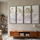 Velantra Multi-Panel Silk Artwork by Giant Sculptures, four vertical panels of a misty mountain landscape in grey and yellow-green, hung above a teak sideboard.