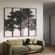 Etheline Refined Silk Art Panels by Giant Sculptures displayed above an olive green sofa, showing a black-and-white tree spanning four vertical panels on a white wall.