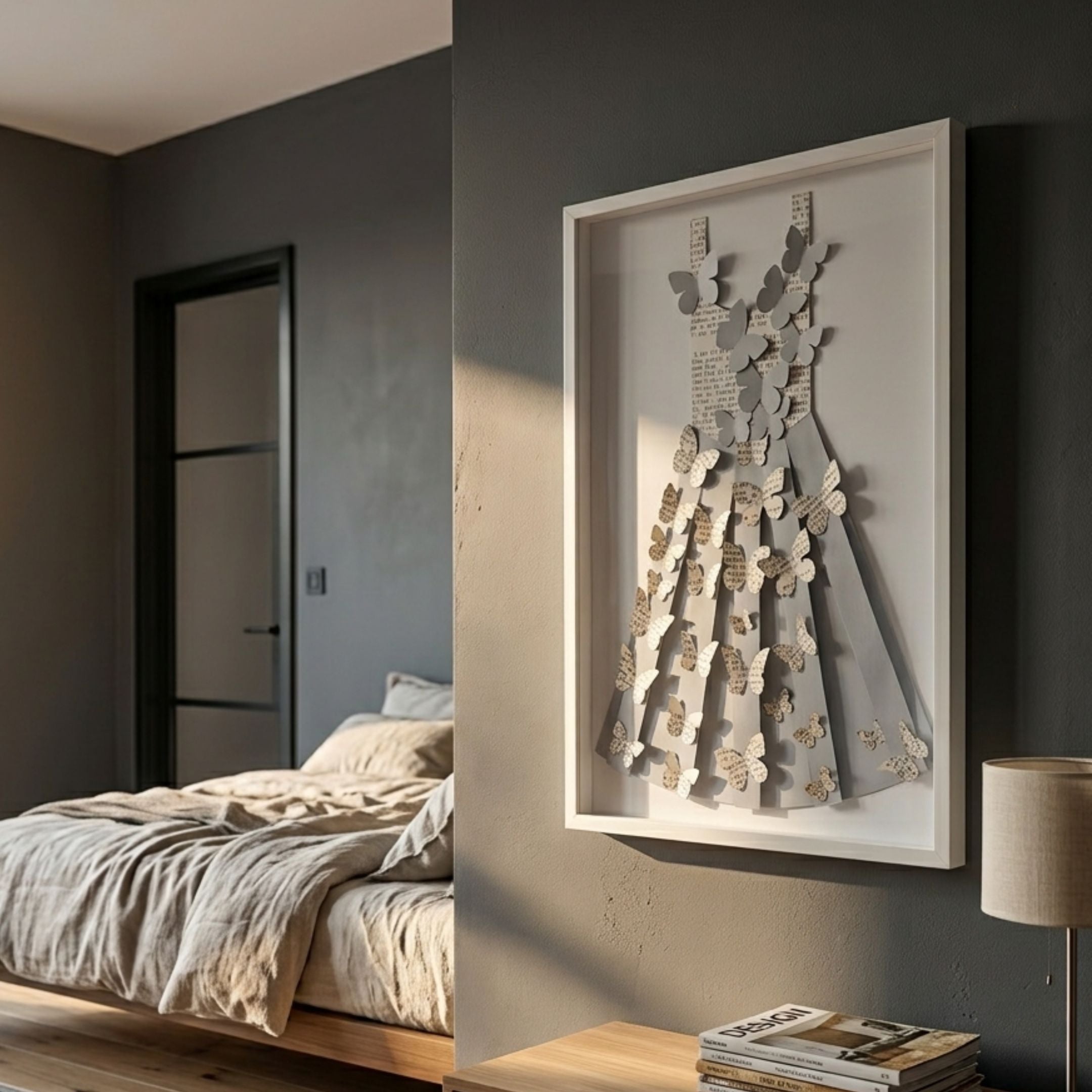 Flutter Grey & White Butterfly Dress 3D Wall Art by Giant Sculptures in a white shadow box frame, displayed on a dark grey bedroom wall beside a linen-dressed bed.