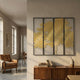 Etheline Golden Silk Art Wall Panels by Giant Sculptures, four vertical panels with a continuous gold tree motif, displayed above a walnut sideboard.