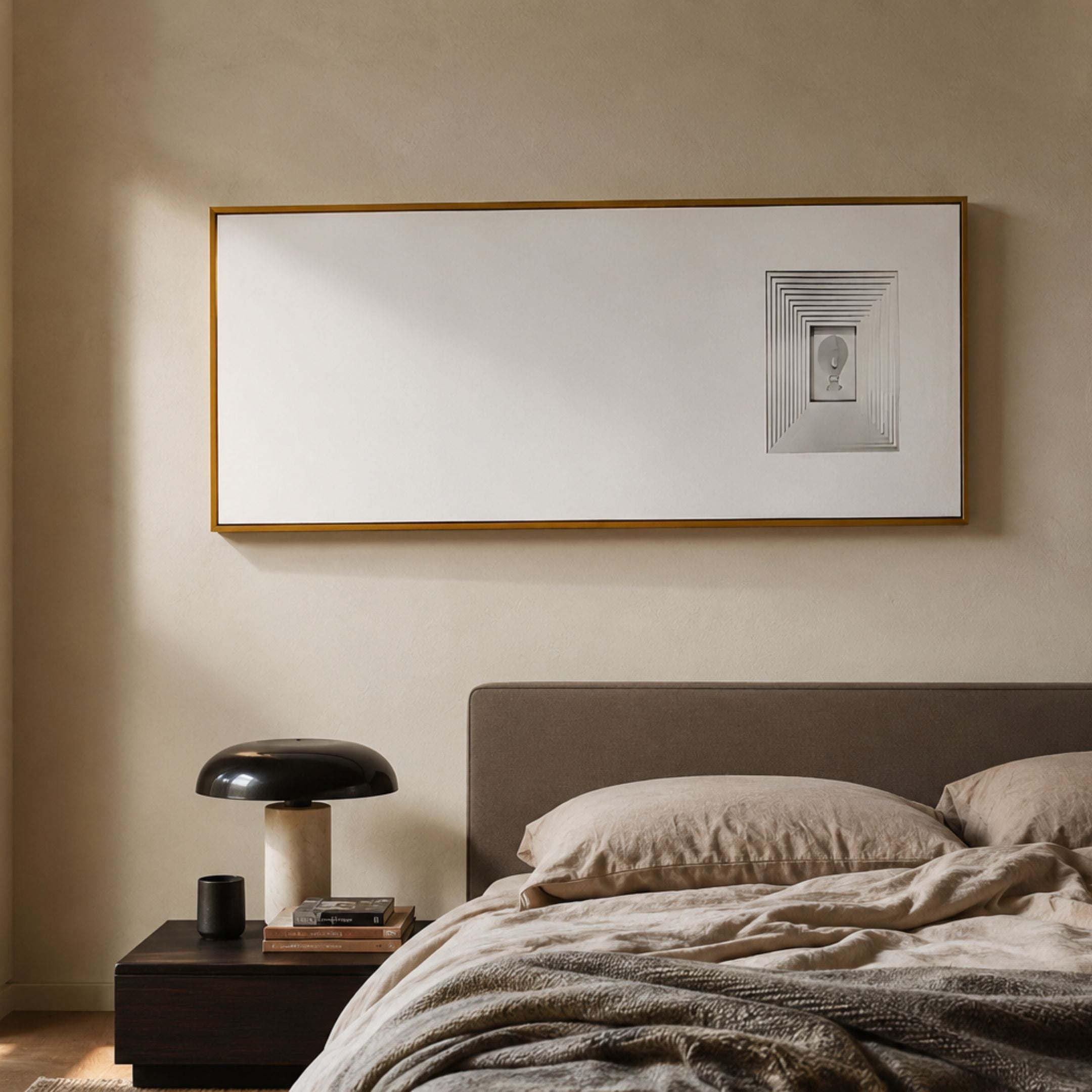 Lustreline White Right Plaster Statue Cardboard Wall Art by Giant Sculptures mounted above an upholstered bed with a dark nightstand and dome lamp.