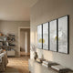 Velantra Intricate Multi-Panel Silk Artwork by Giant Sculptures, four vertical panels with white, silver, and gold pagoda landscape, mounted in a neutral living room.
