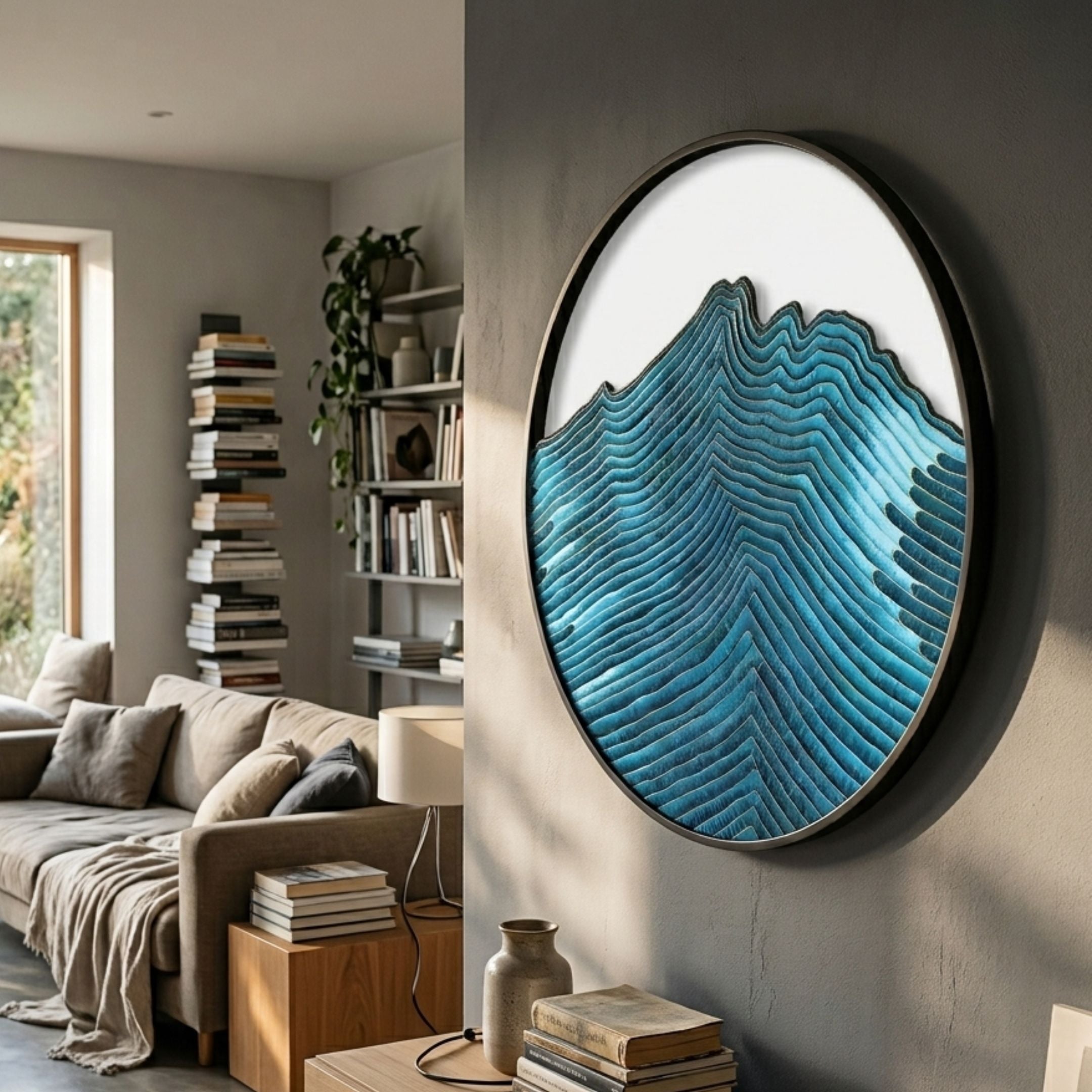 Auric III Blue Wave Abstract Copper Wire Enamel Round Wall Art by Giant Sculptures displayed on a grey living room wall above a beige sofa and bookshelves.