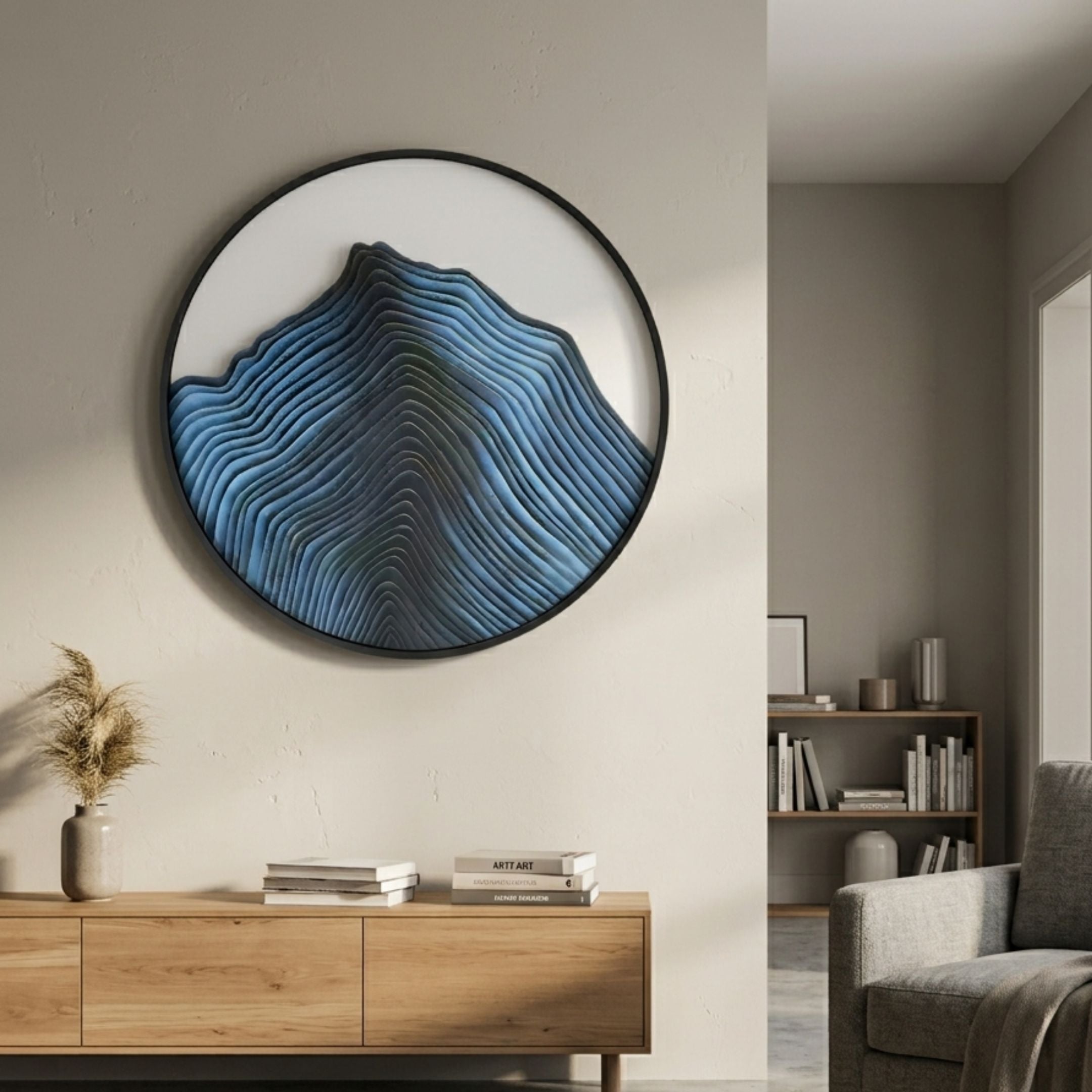Auric I Blue Wave Abstract Copper Wire Enamel Round Wall Art by Giant Sculptures displayed above a wooden console with books and pampas grass in a modern living room.