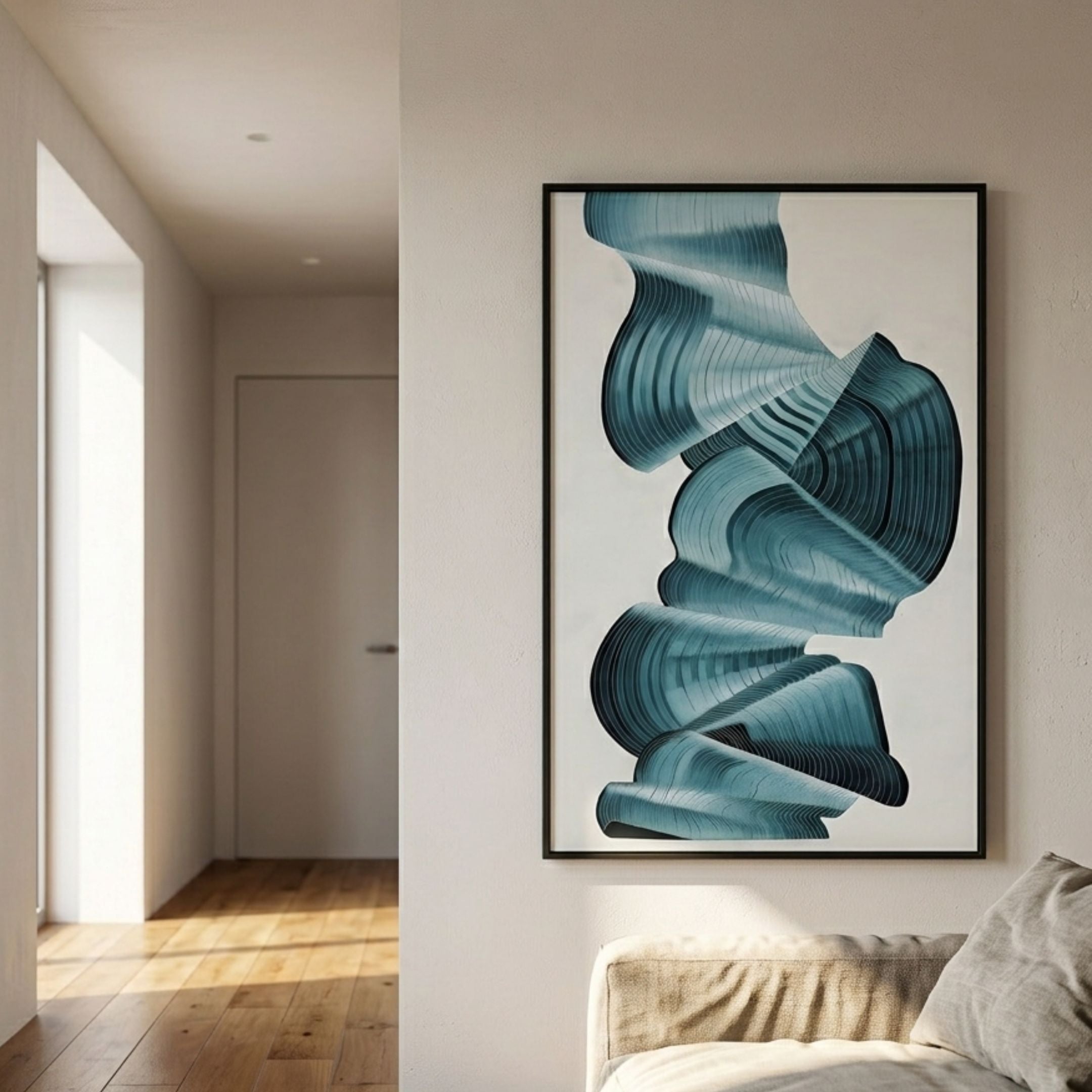 Vortex Blue Spiral Golden Copper Wire Enamel Abstract Wall Art by Giant Sculptures, framed and hung on a pale wall beside a linen sofa near a sunlit hallway.