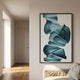 Vortex Blue Spiral Golden Copper Wire Enamel Abstract Wall Art by Giant Sculptures, framed and hung on a pale wall beside a linen sofa near a sunlit hallway.