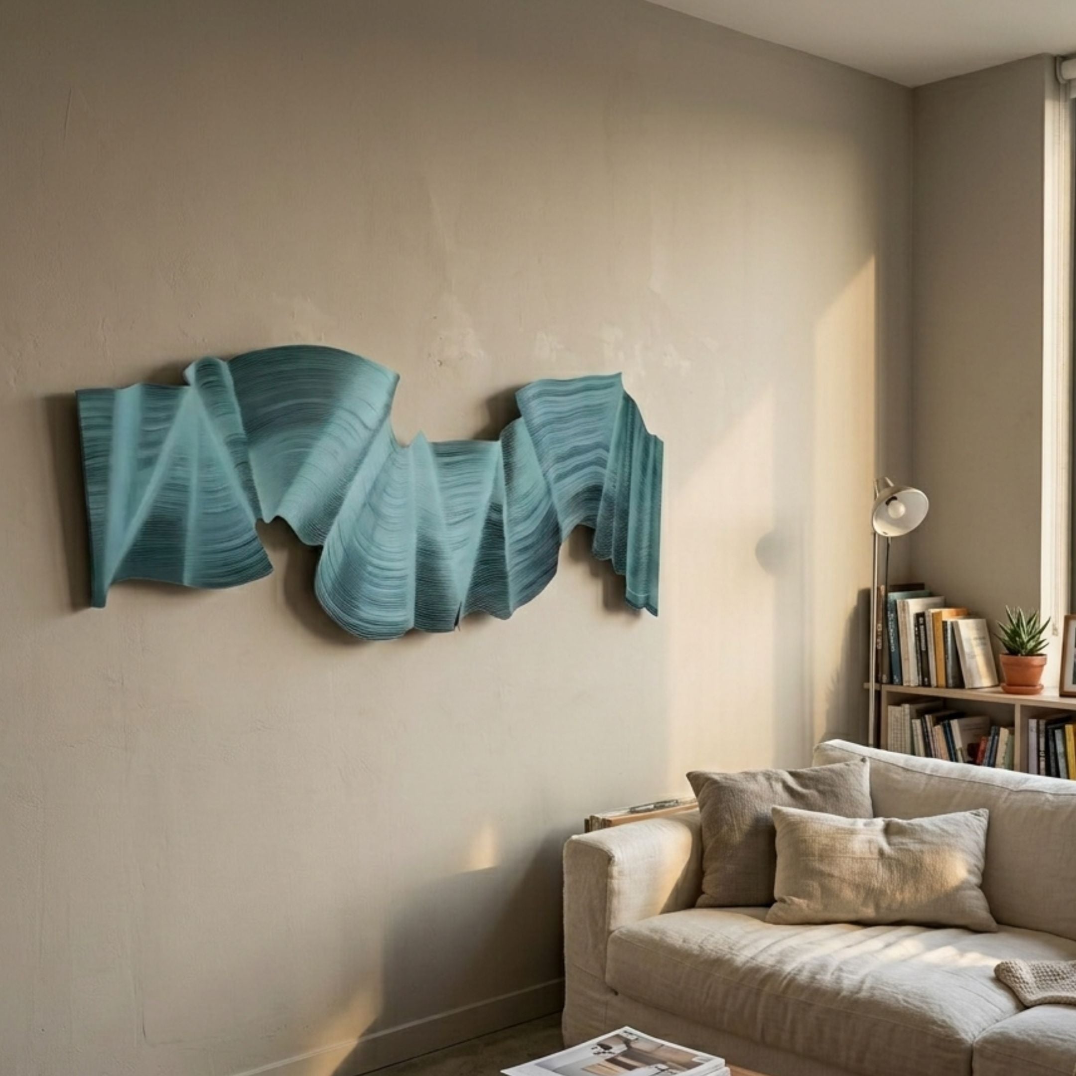 Rollscape Aqua Cascade Enamel Decorative Wall Art by Giant Sculptures, a teal sculpted wave piece mounted above a beige sofa beside a bookshelf and lamp.