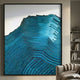 Ripplewave IV Abstract Blue Decorative Enamel Wall Art by Giant Sculptures, framed turquoise topographic contours displayed above a beige armchair beside a bookshelf.
