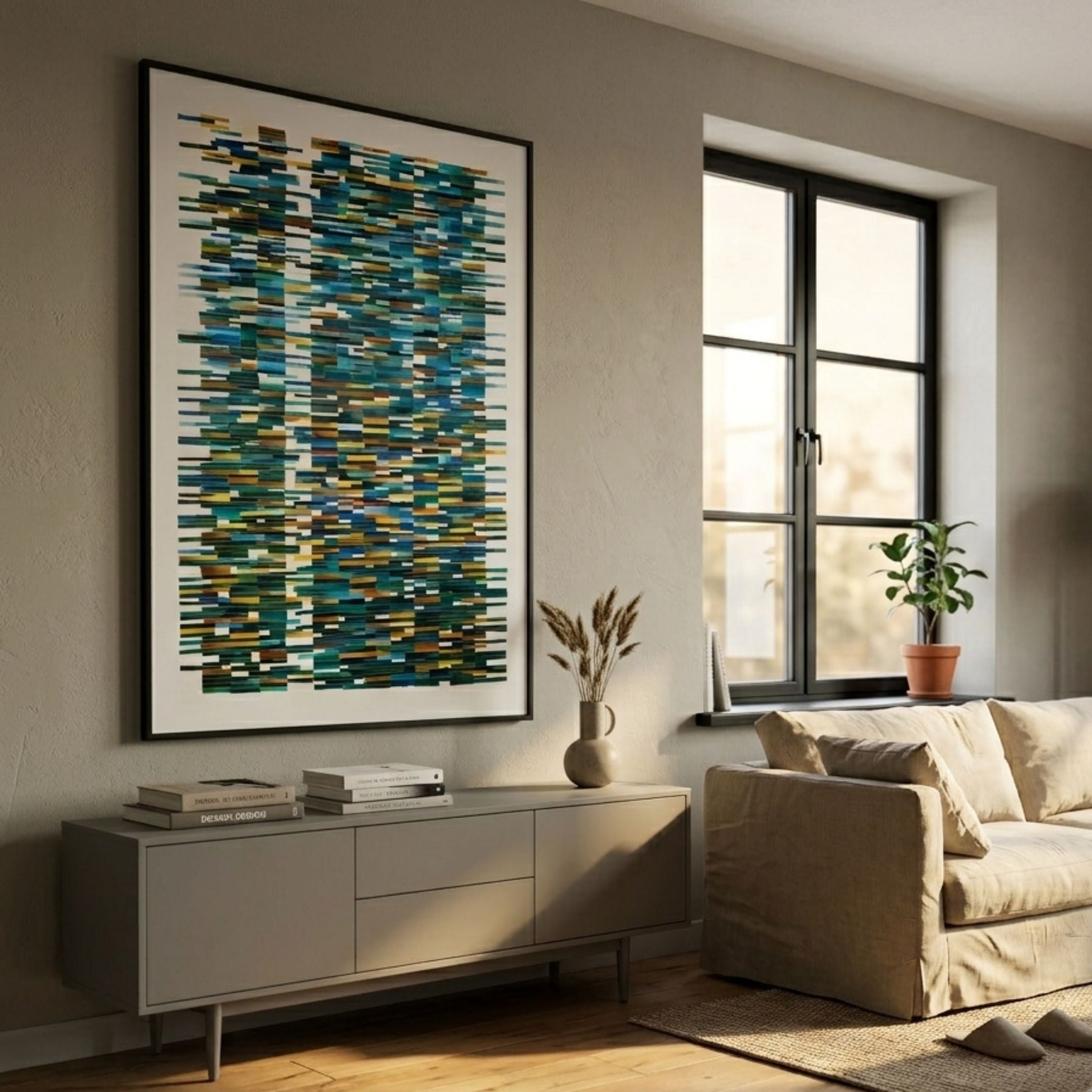 Timewave Vibrant Geometric Patterned Enamel Wall Art by Giant Sculptures, blue, green, yellow and brown strips on white, hung above a grey sideboard beside a window.