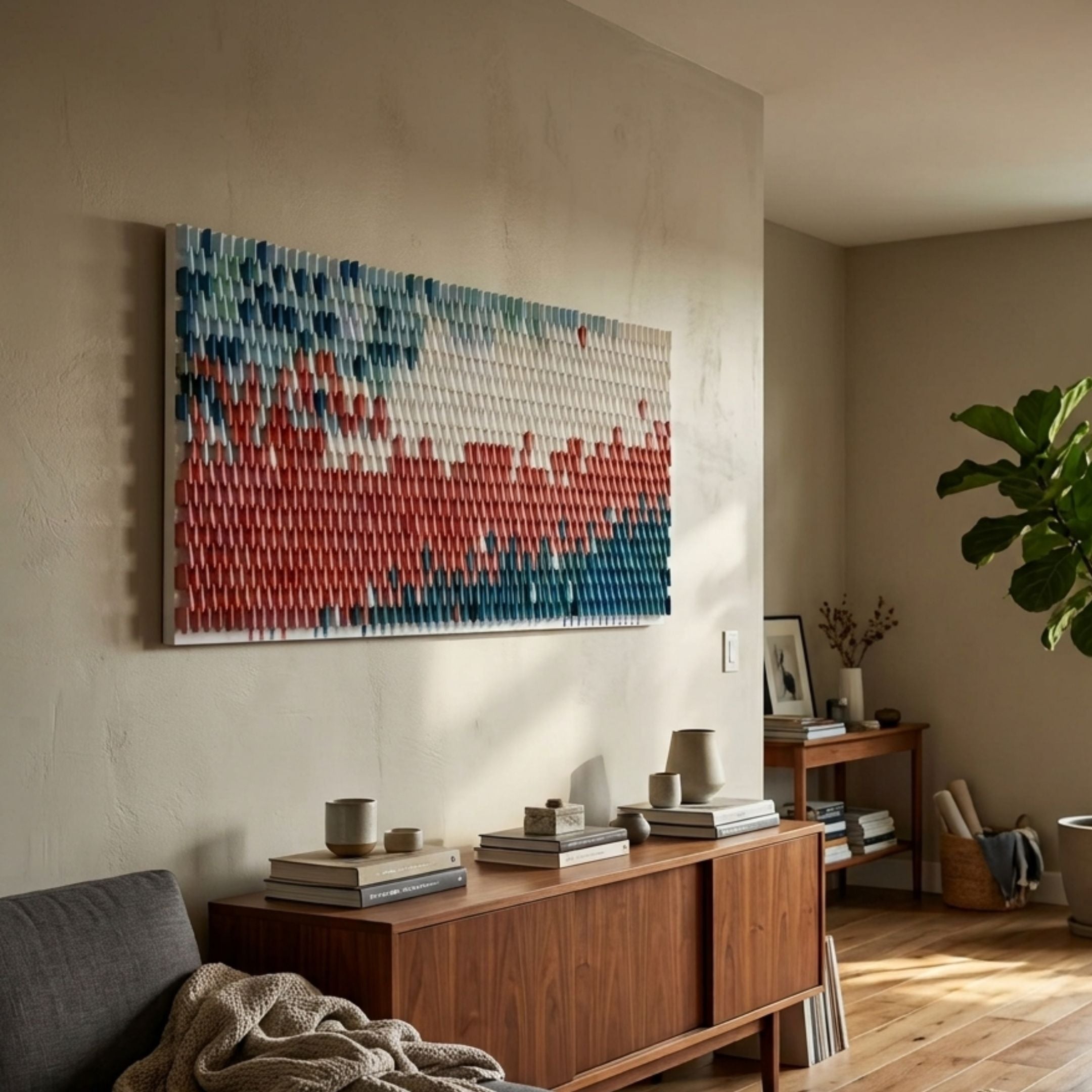 Avaris Frameless 3D Ceramic Wall Art by Giant Sculptures with blue, red, and white cone-textured wave, mounted above a walnut sideboard in a sunlit living room.