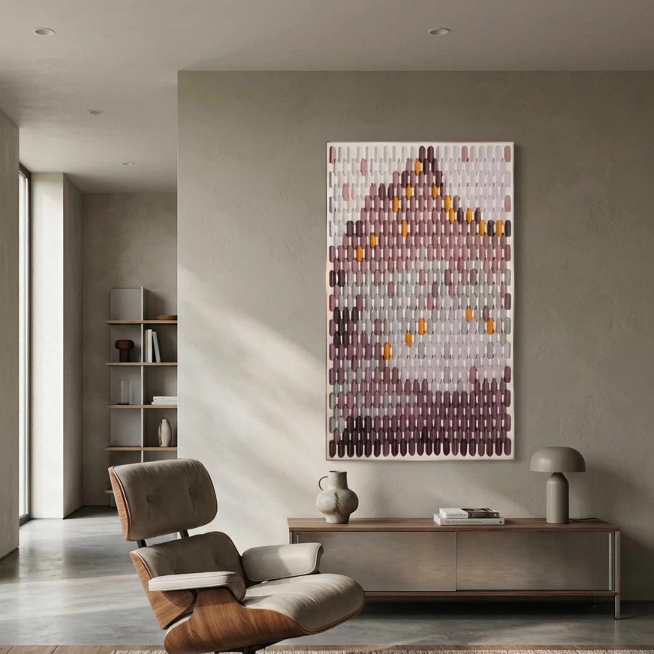 Artevo 3D Ceramic Wall Art with Plum & Amber Tones displayed on a neutral wall above a wooden sideboard, beside a leather lounge chair in a modern living room.