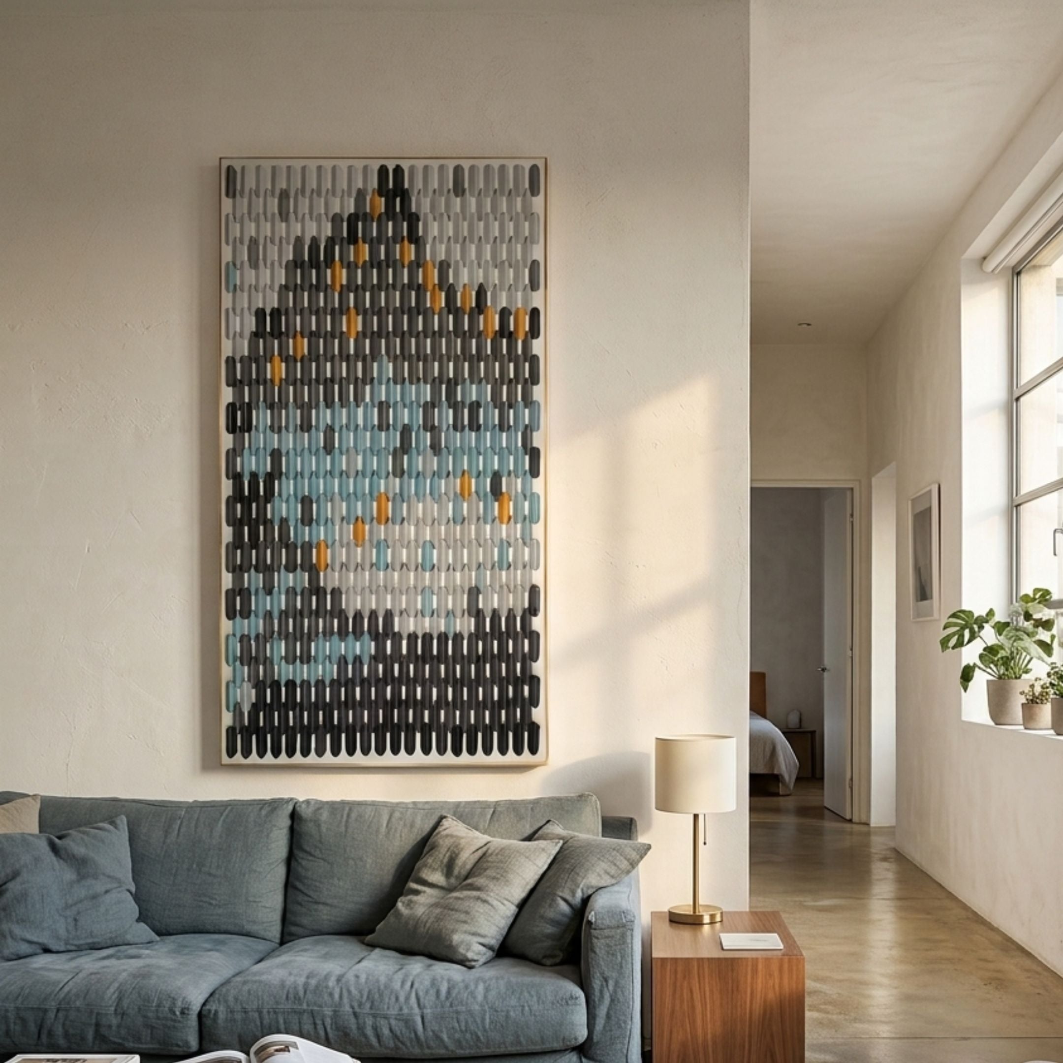 Artevo Sculptural 3D Ceramic Wall Art by Giant Sculptures mounted above a grey sofa, its black, blue, white, and orange capsules forming an abstract penguin.