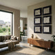 Giant Sculptures Harmonia Set of 6 Ceramic 3D Wall Sculptures with black frames displayed in a two-column grid above a walnut sideboard in a sunlit living room.