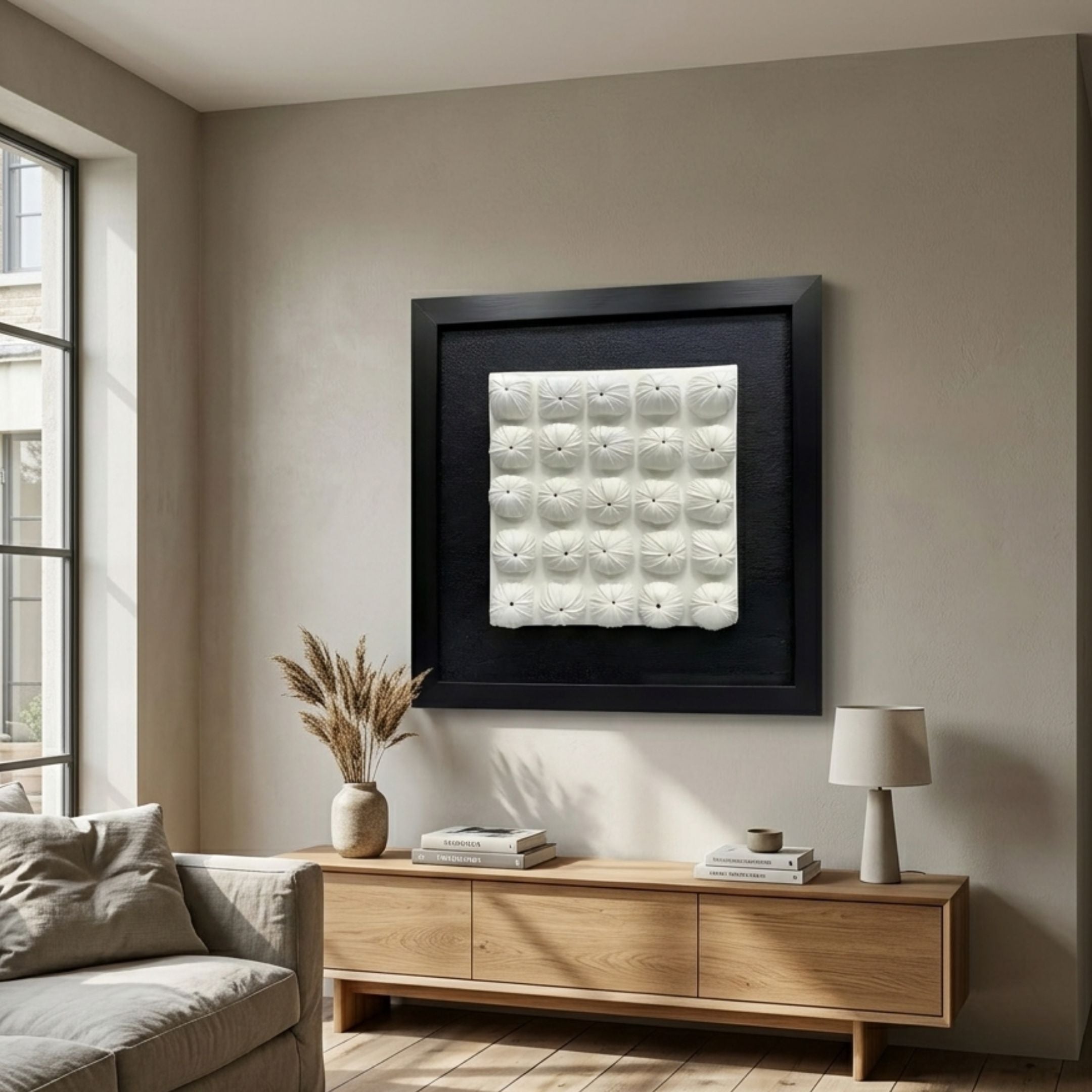 Harmonia 3D Ceramic Floral Wall Sculpture by Giant Sculptures, white ceramic blooms in a grid on black ground, displayed above a wooden console in a living room.