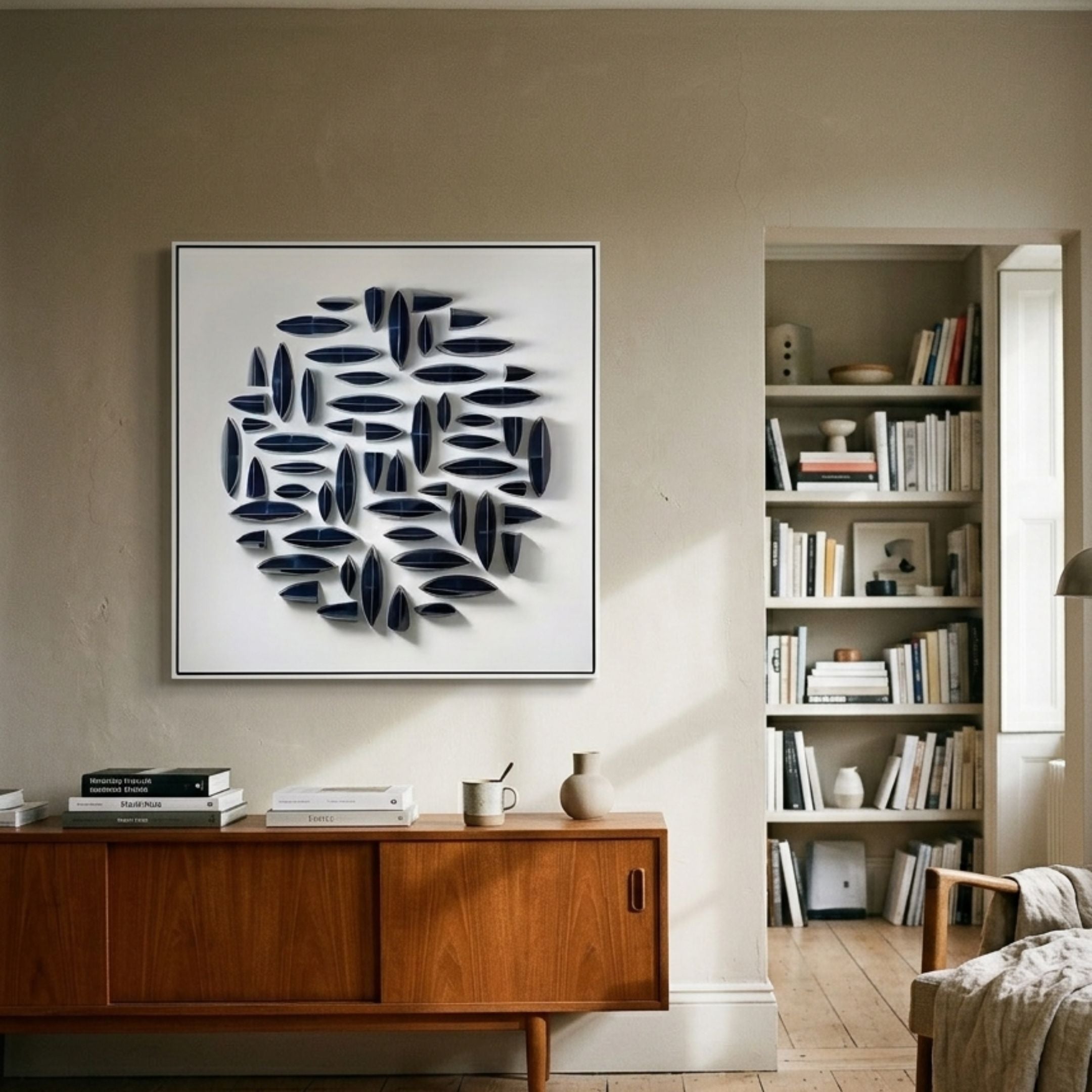 Elysian 3D Ceramic Wall Art with circular navy blue organic elements displayed above a teak sideboard in a living room beside a built-in bookshelf.