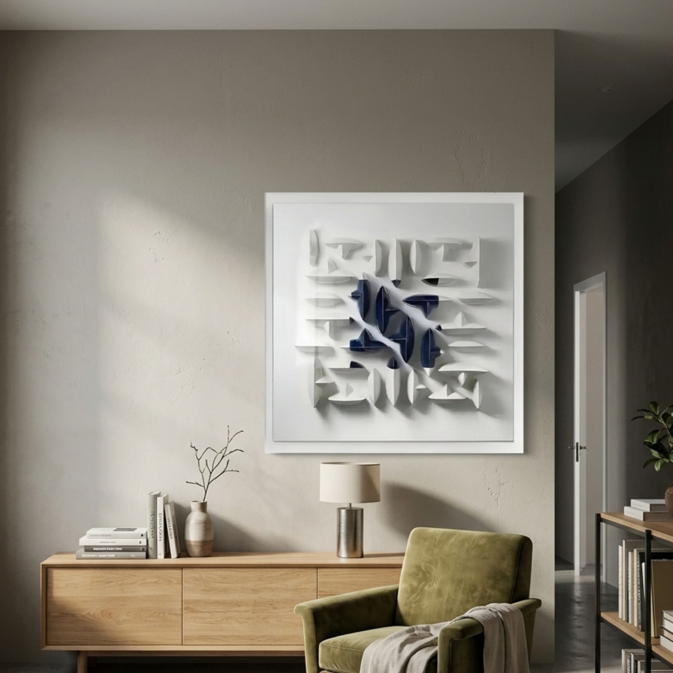 Elysian 3D Ceramic Wall Art by Giant Sculptures, navy blue and white geometric tiles in a white frame, displayed above an oak sideboard with green armchair.