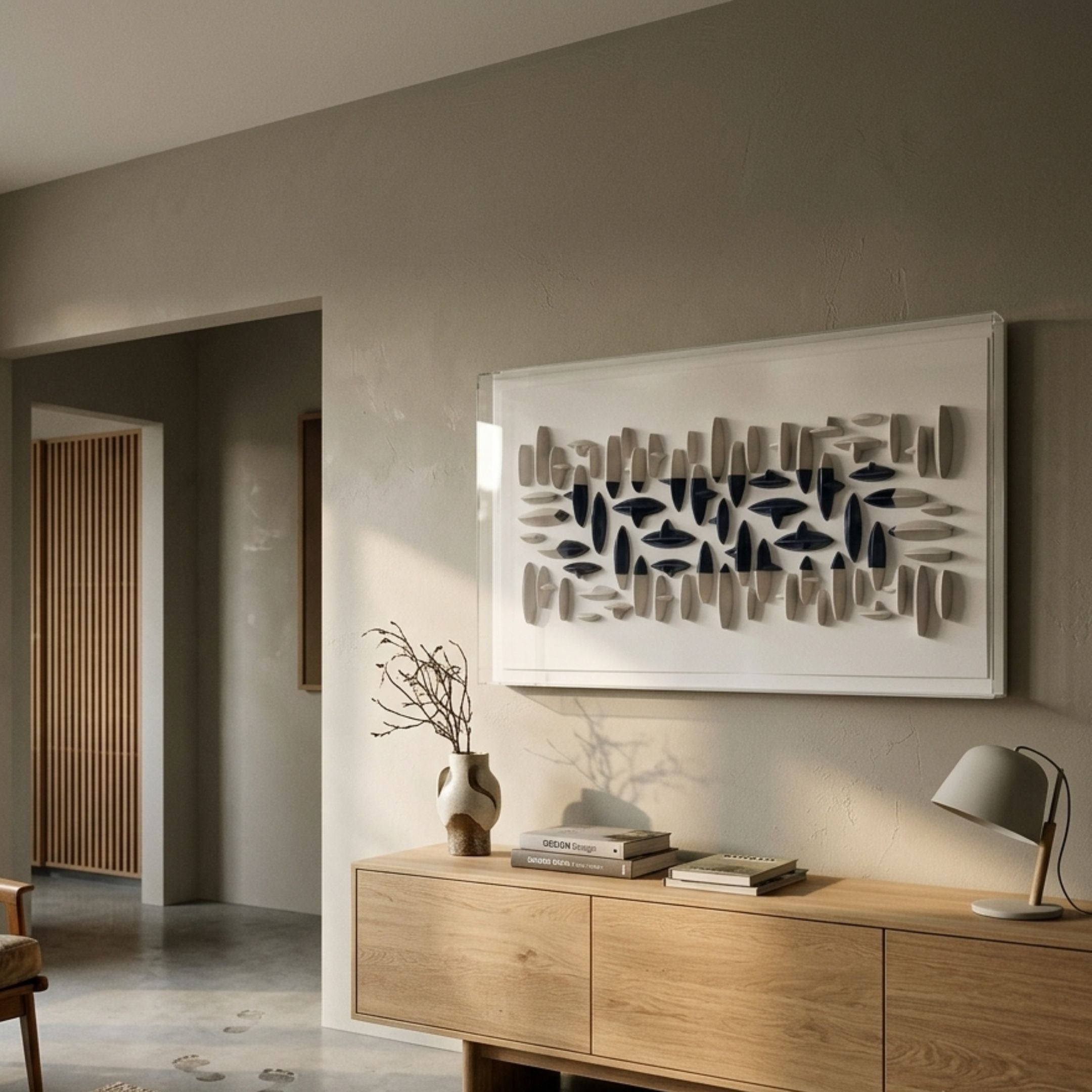 Elysian 3D Ceramic Wall Art by Giant Sculptures, white and dark-blue ovals in horizontal layered composition, displayed above an oak sideboard in a neutral room.