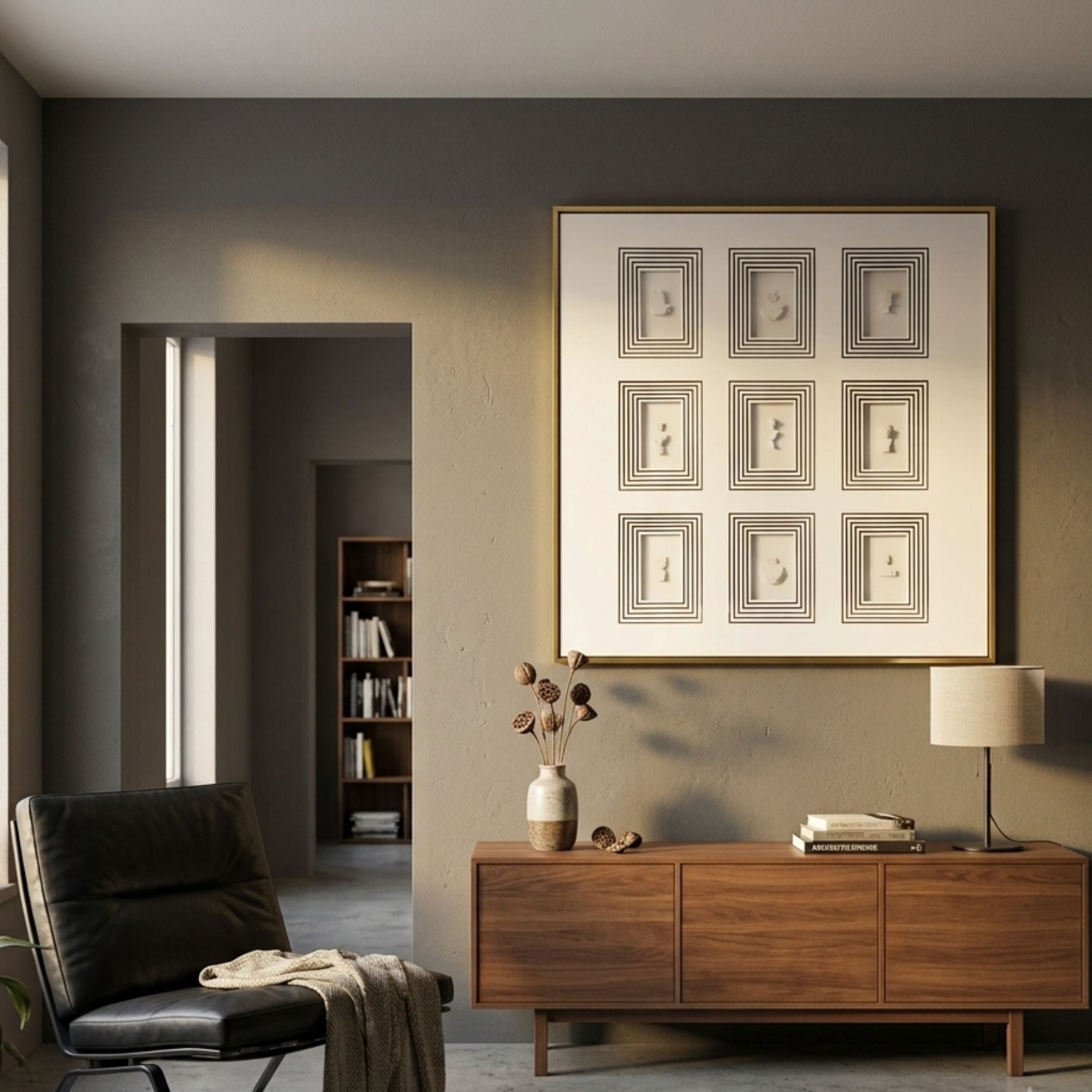 Lustella Black & White Plaster Statue Cardboard Square Wall Art by Giant Sculptures mounted above a walnut sideboard with vase, lamp, and black leather chair.