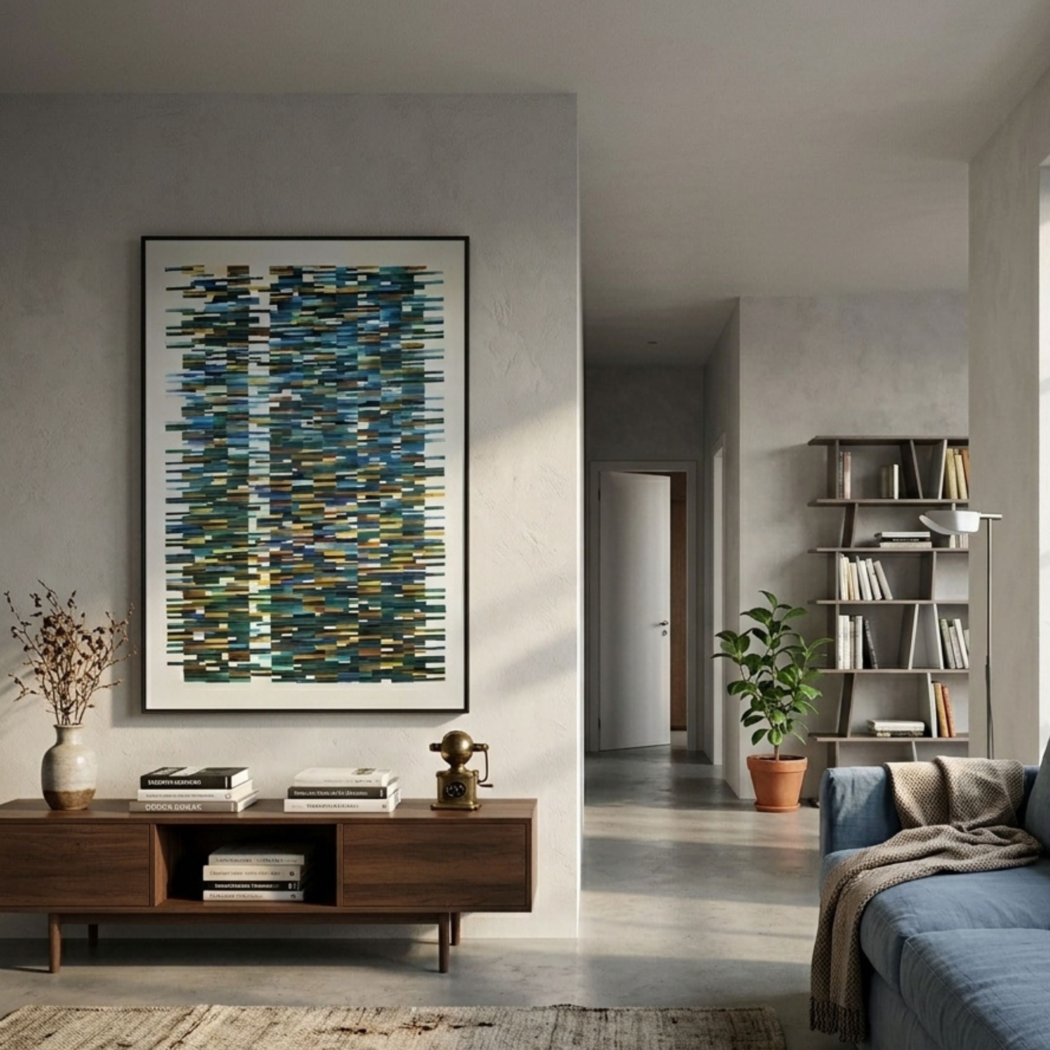 Timewave Multicoloured Abstract Lines Enamel Wall Art in a black frame above a walnut console in a modern living room with a blue sofa and bookshelf.