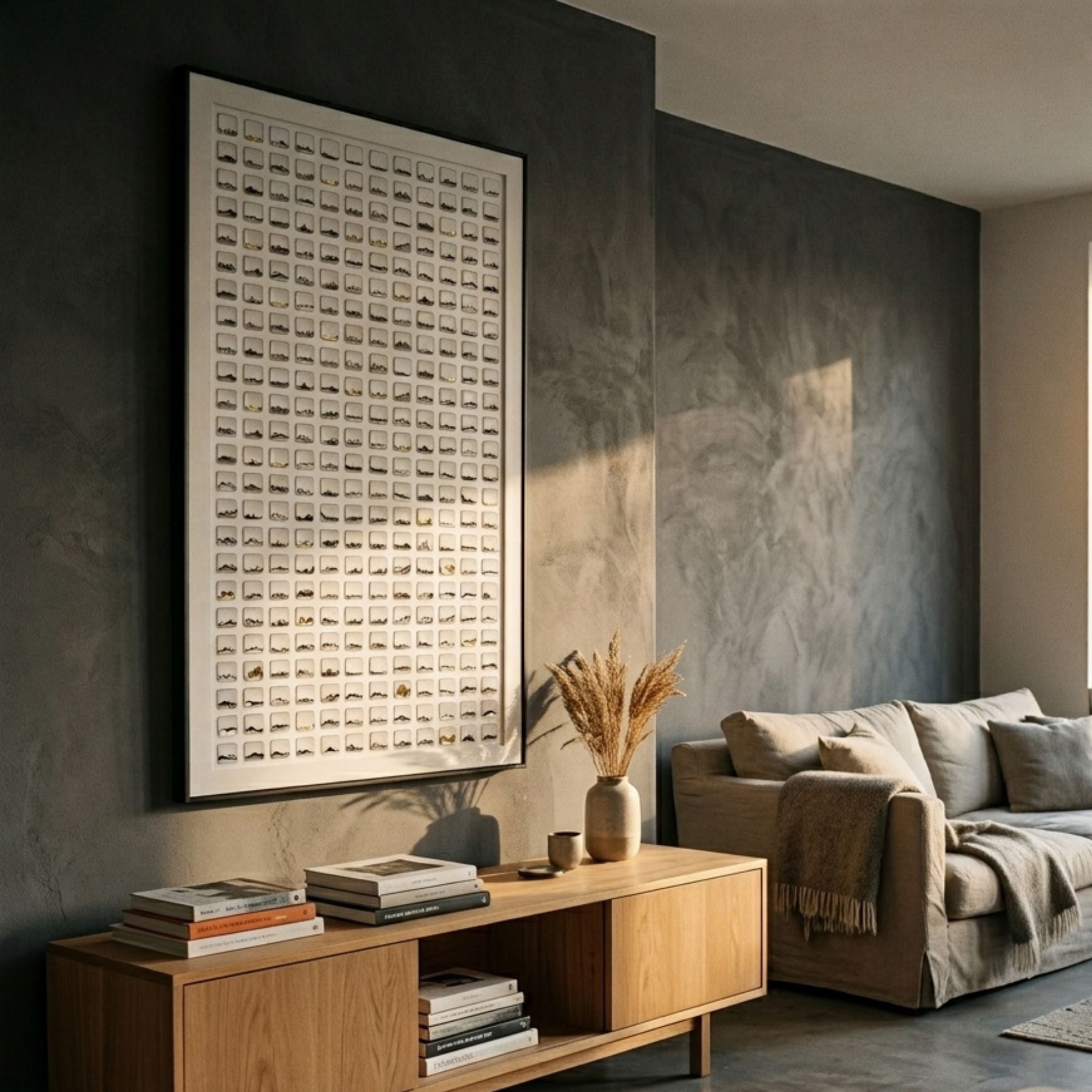 Luneve Gold Leaf 3D Ceramic Wall Art by Giant Sculptures, displayed above a wooden console with books and dried grasses in a modern grey living room.