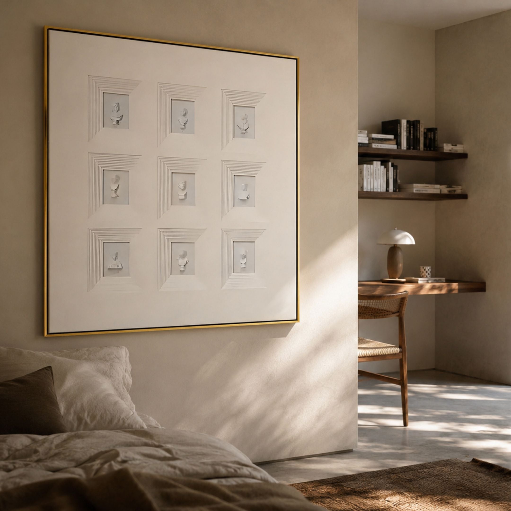 Lustella White Plaster Statue Square Cardboard Wall Art by Giant Sculptures in a gold frame above a bed, beside a wooden desk and bookshelves.