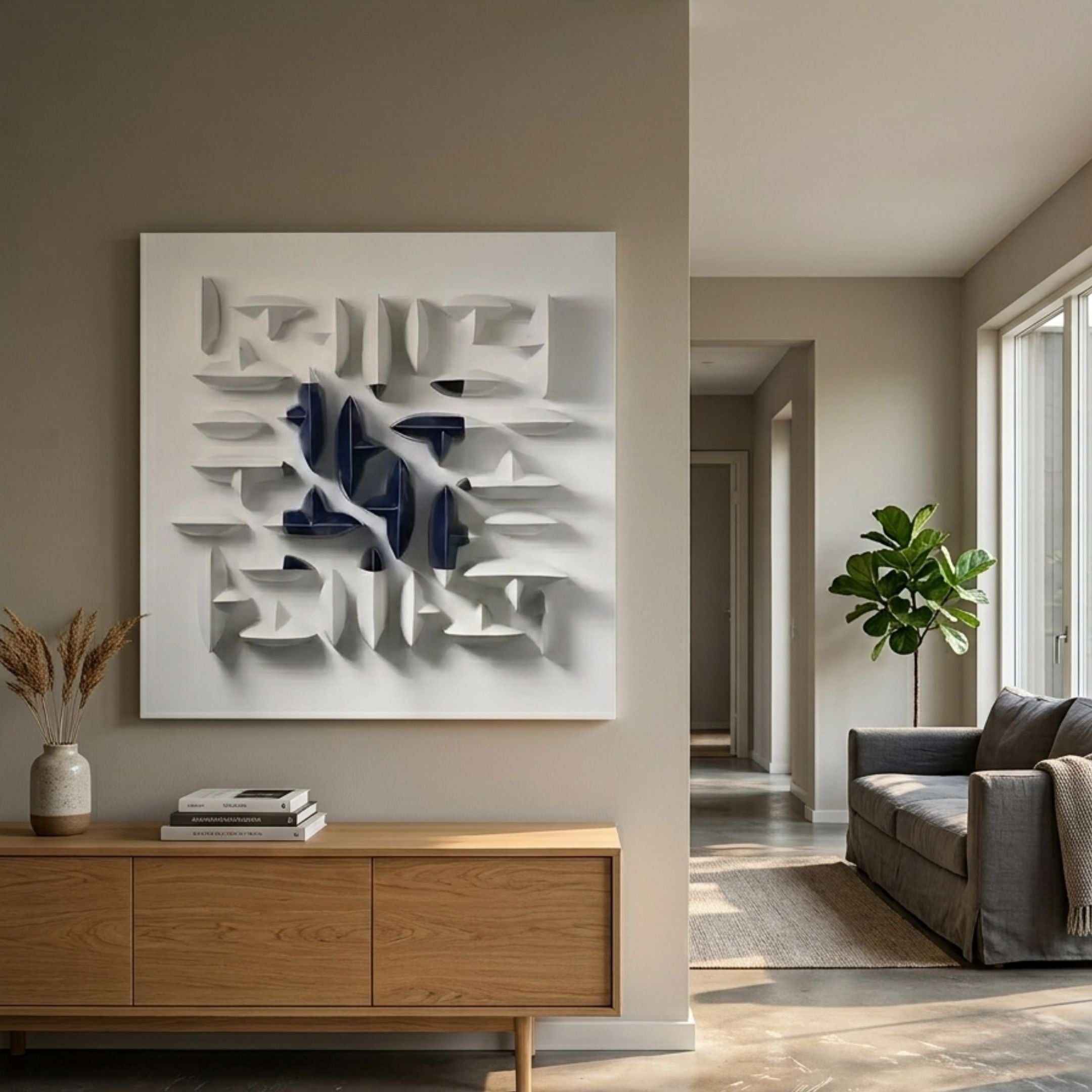 Elysian 3D Ceramic Wall Art by Giant Sculptures mounted above an oak sideboard in a modern living room, with navy and white geometric tiles projecting from the surface.
