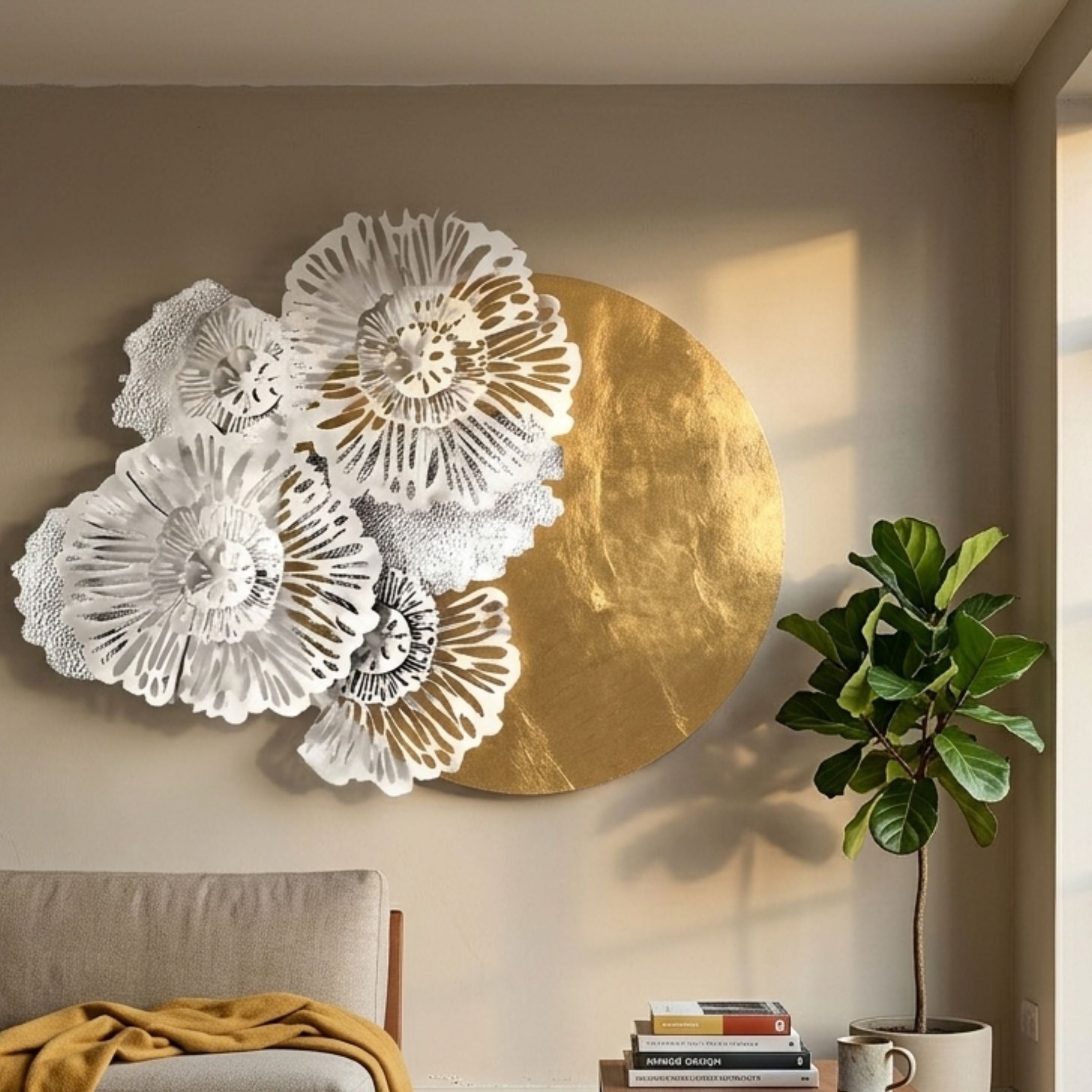 Fleur Halo Mustard Round White Metal Floral Decorative Wall Art by Giant Sculptures displayed above a sofa beside a fiddle leaf fig in a warm living room.