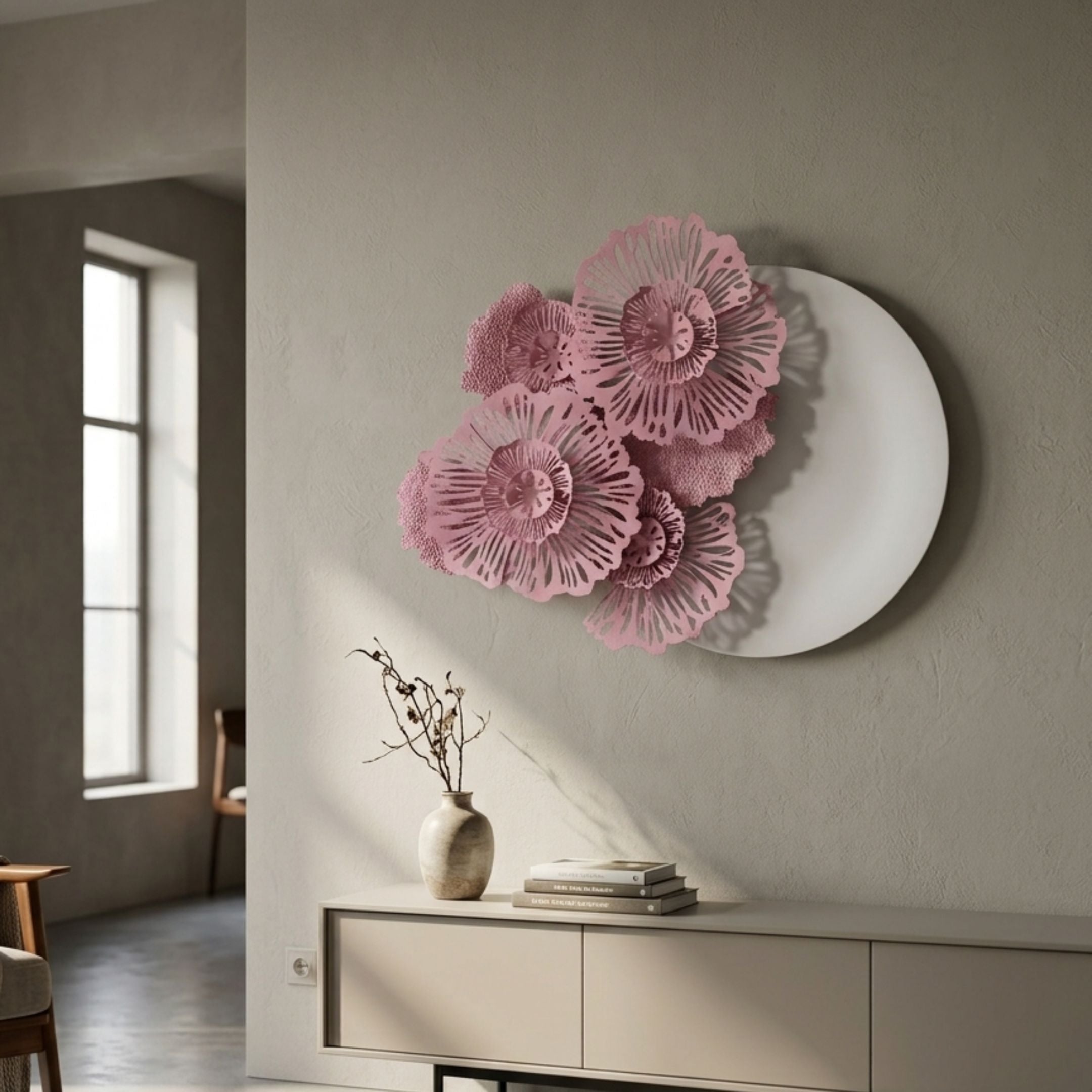 Fleur Halo White Round Pink Metal Floral Decorative Wall Art