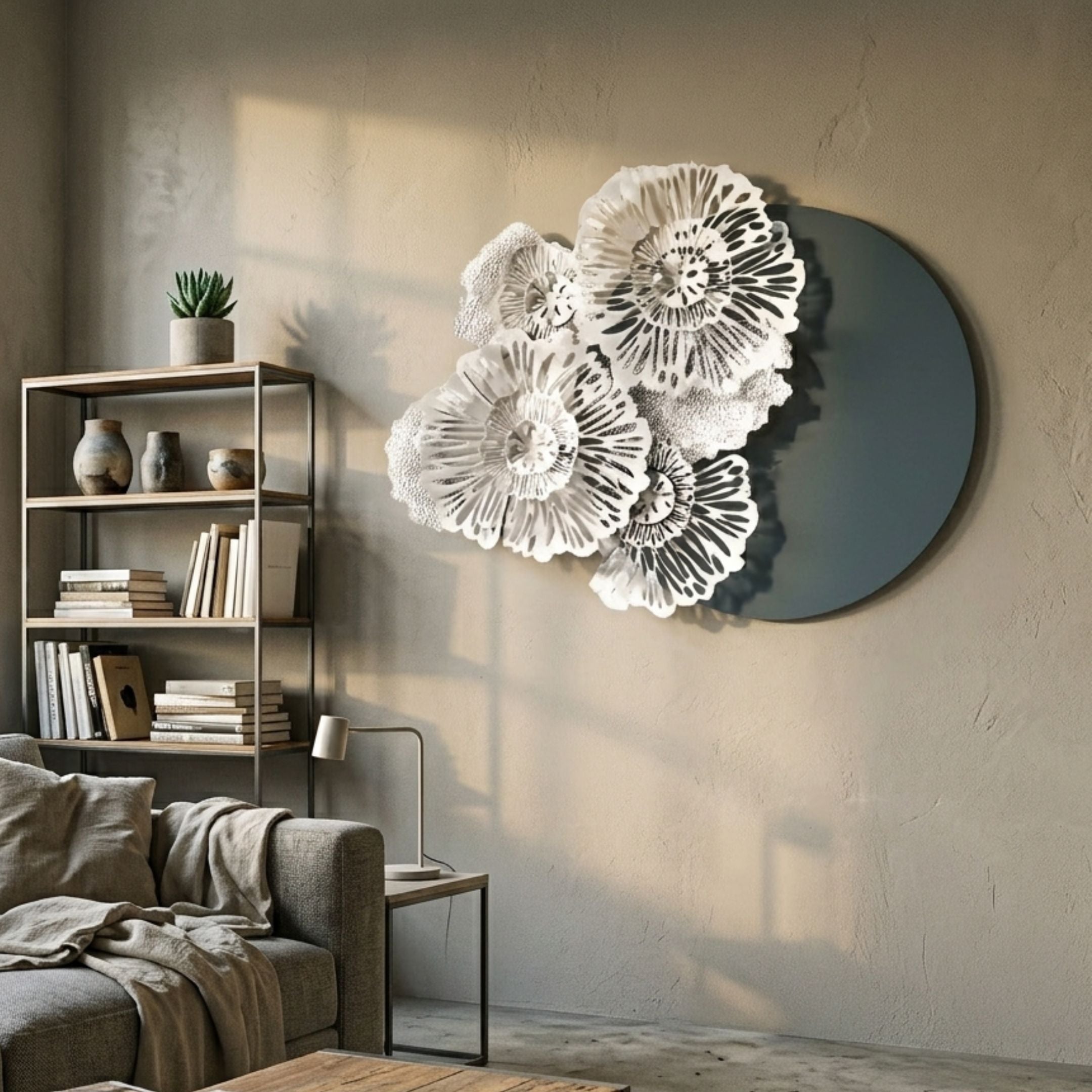 Fleur Halo Grey Round White Metal Floral Decorative Wall Art mounted in a modern living room above a bookshelf and grey sofa, with layered white petals on a teal-grey disc.