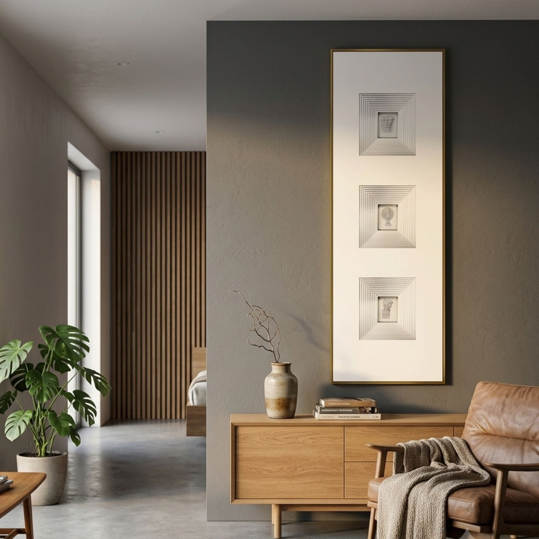 Lustre White Plaster Statue Vertical Decorative Wall Art by Giant Sculptures displayed on a grey living room wall above an oak sideboard with vase and leather chair.