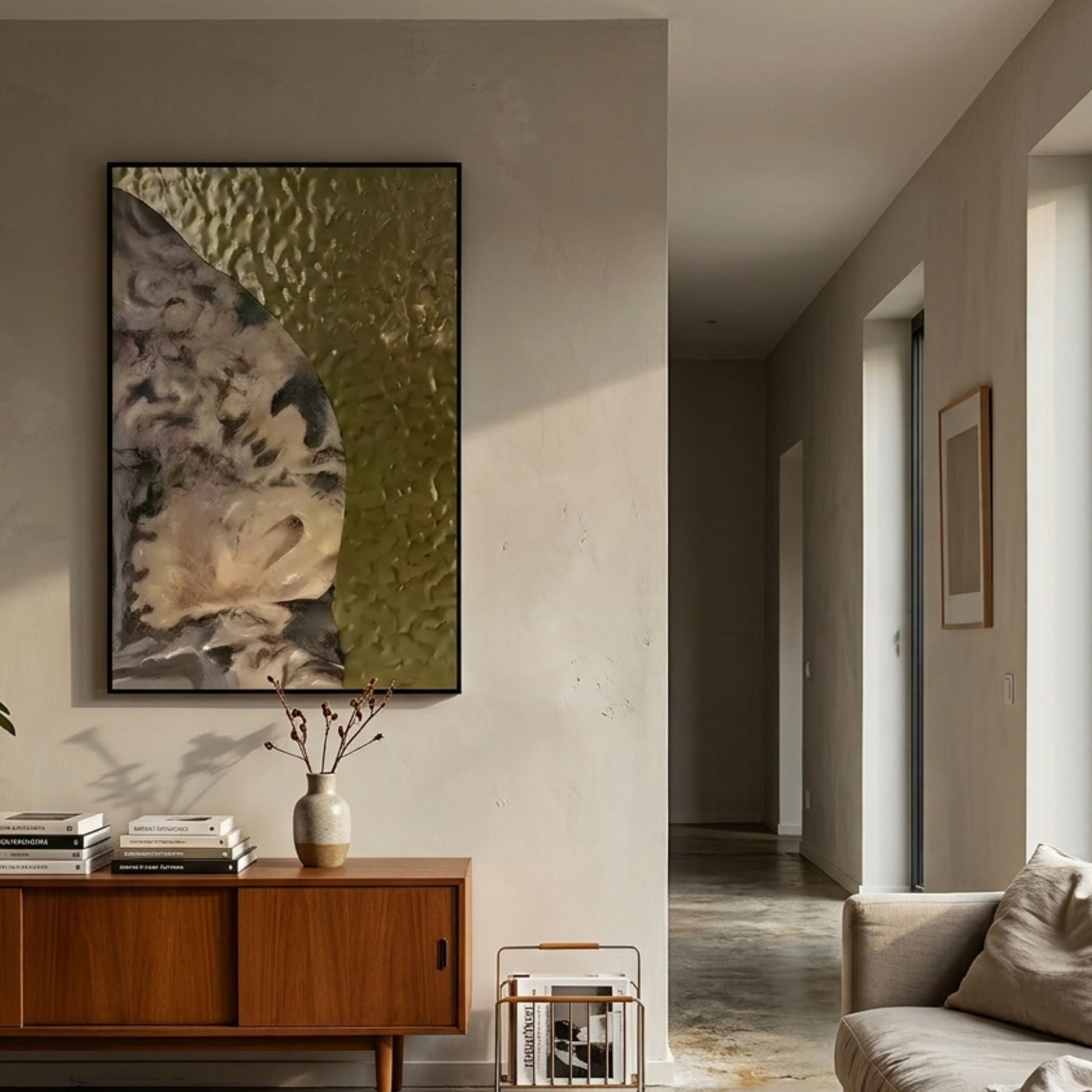 Astrid Earthy Bloom Gold Textured Abstract Wall Art with marbled grey-beige and gilded green-gold halves, mounted above a teak credenza in a sunlit hallway.