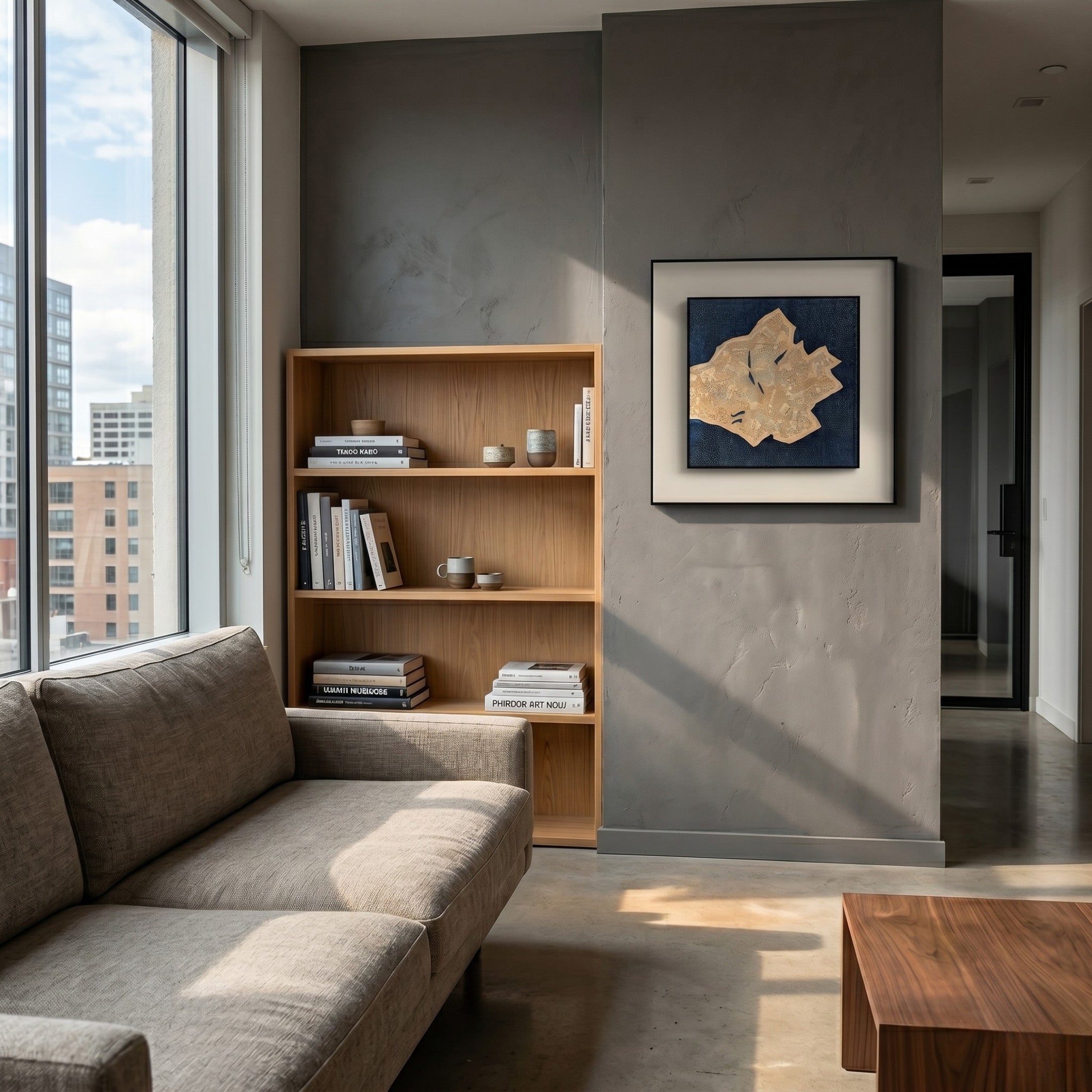 A modern living room with a gray sofa, wooden coffee table, light wood bookshelf, large windows showing city buildings, and the Stratum Sandform Blue Textured Abstract Framed Wall Art by Giant Sculptures on a gray wall.