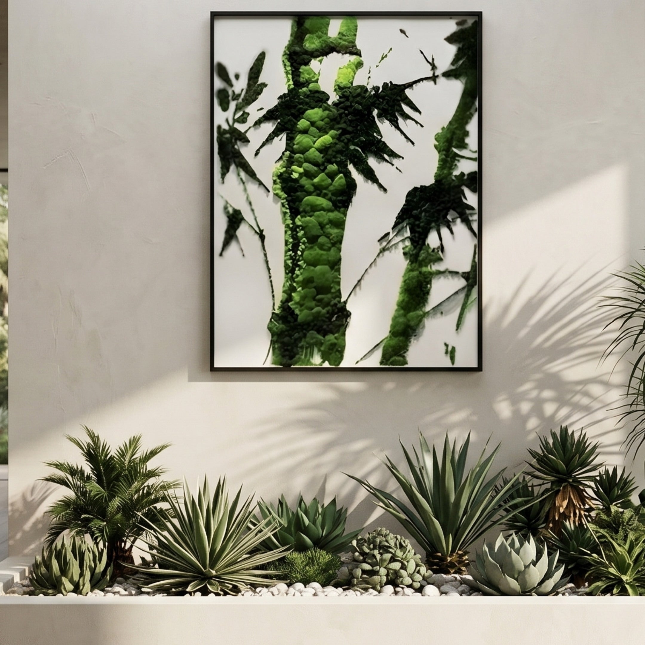 The Verdaryn Bamboo Trunk Green Moss Textured 3D Wall Art by Giant Sculptures hangs on a white wall above assorted succulents and cacti, bringing striking Nordic interior decor to this sunlit indoor space.