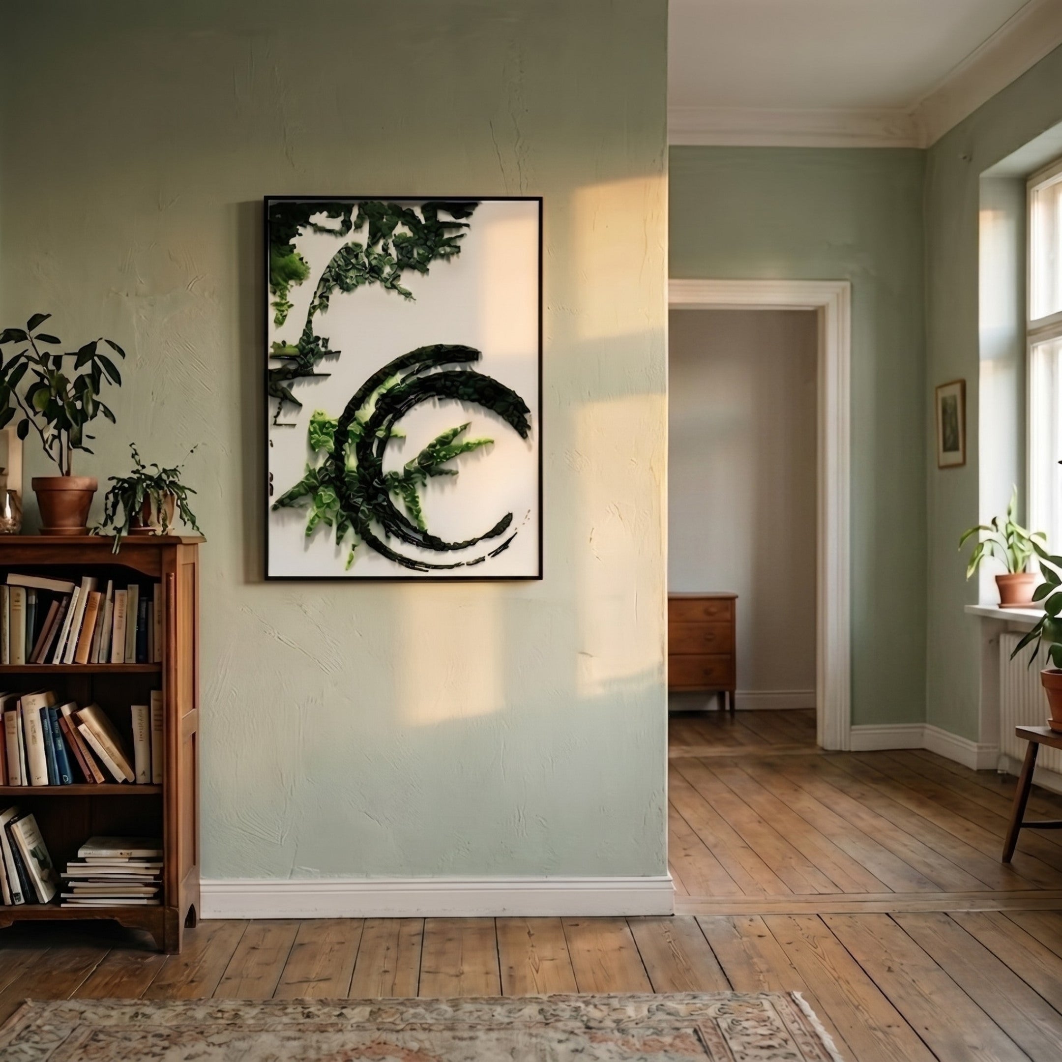 A cozy room with light green walls, wood floors, and a large window. Biophilic decor features plant-themed art, bookshelves with plants, and Giant Sculptures’ Verdaryn Green Moss Arc Textured 3D Wall Art adding a vibrant touch to the windowsill.