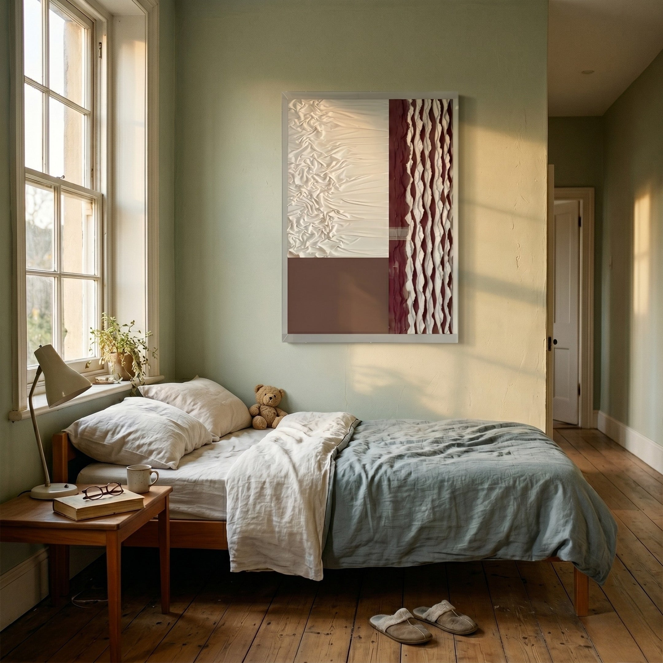 A cozy bedroom with a single bed, light bedding, a teddy bear, wooden side table with lamp, books, plant, and cup. Sunlight fills the room where Giant Sculptures' Texturien White & Burgundy Paper Abstract 3D Wall Art decorates the green wall above the bed.