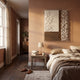 A cozy bedroom with beige walls, a neatly made bed, and soft sunlight through sheer curtains. On the wall above the bed hangs Giant Sculptures' Texturien White & Taupe Paper Abstract 3D Wall Art for a striking accent.