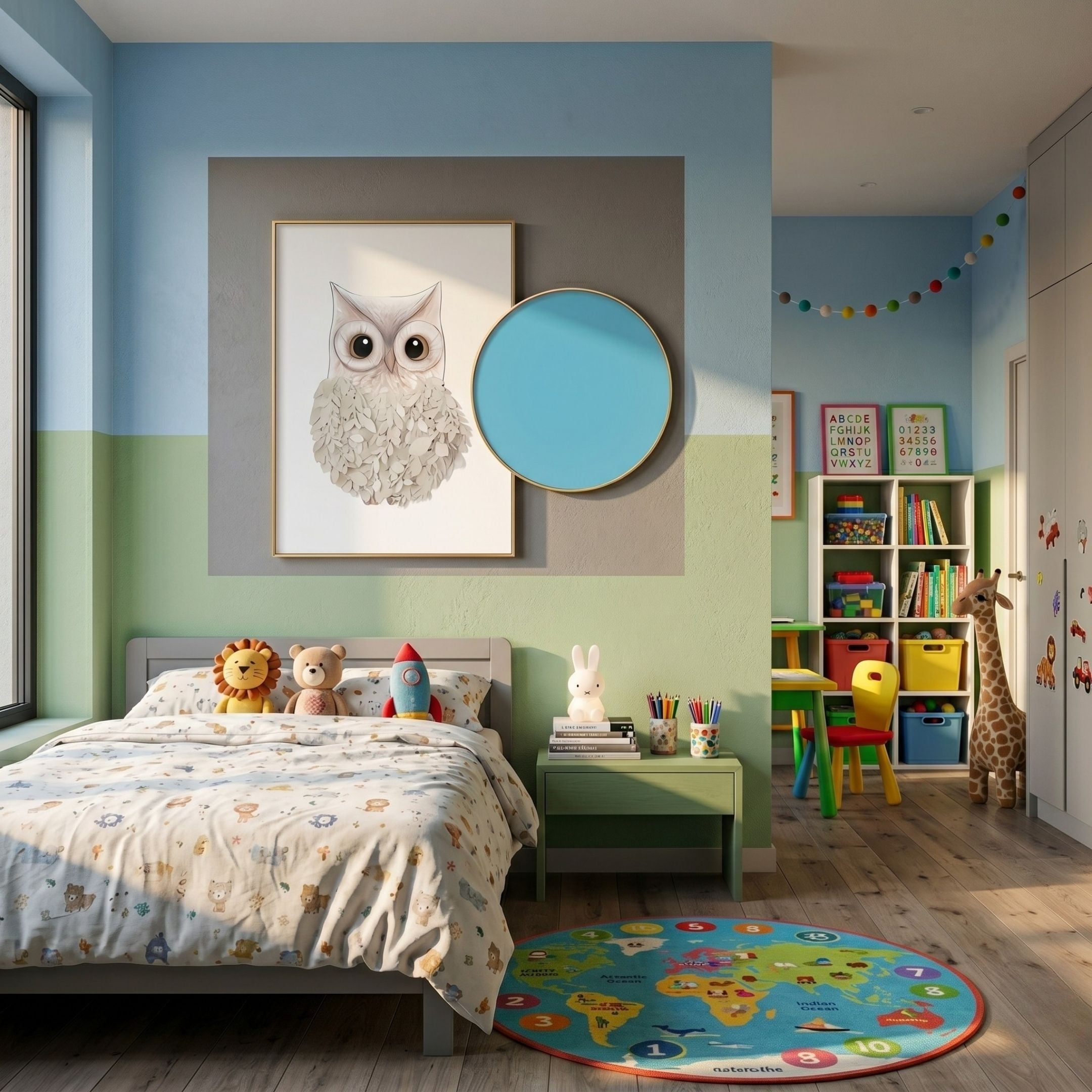 Blossomkin Blue Petal Owl Kids 3D Wall Art by Giant Sculptures, displayed in a child's bedroom above the bed beside a round blue mirror, with toys and a play area.