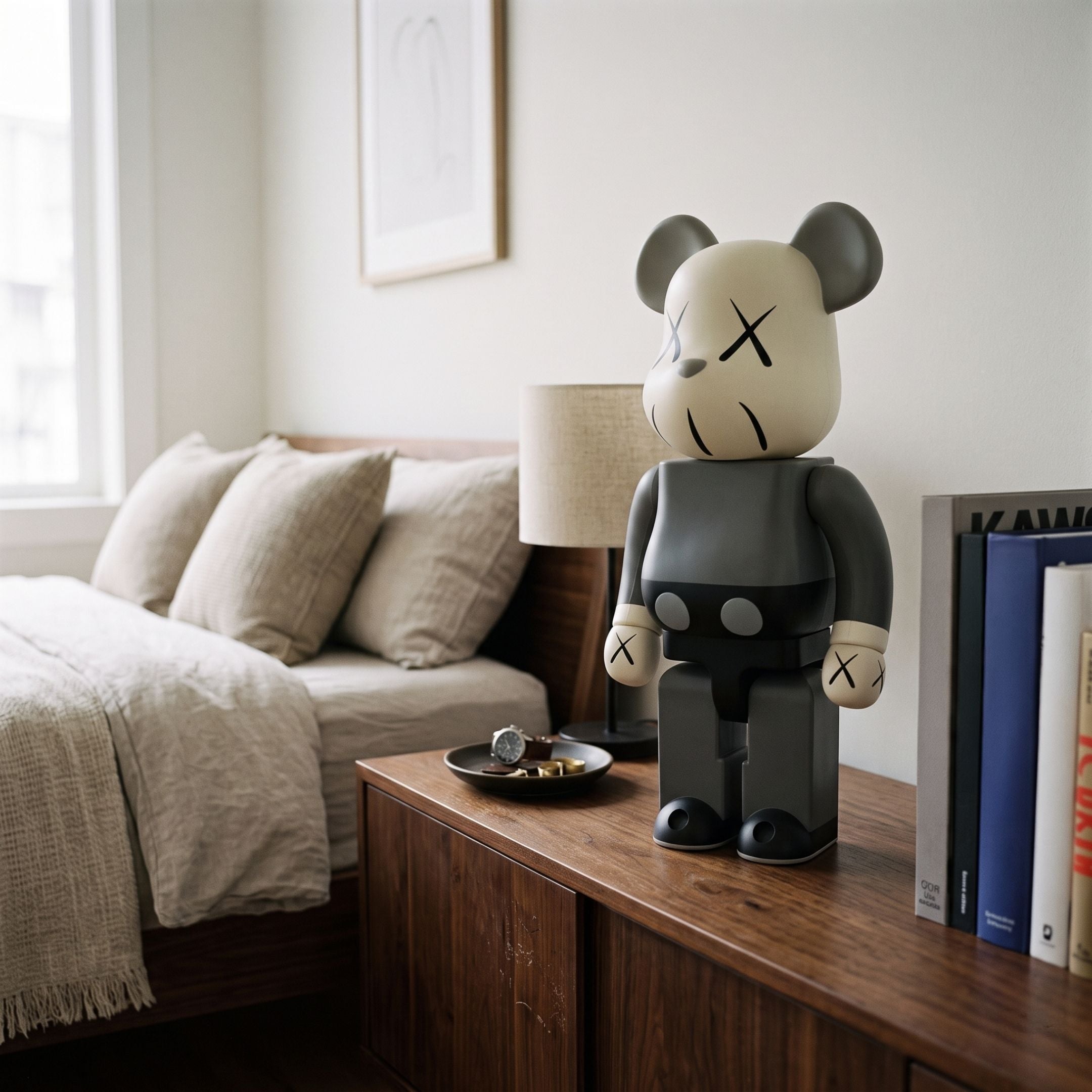 X-Mark Studio Grey Bear Sculpture - 70cm in grey and black resin on a walnut nightstand beside books and a lamp in a bedroom setting.