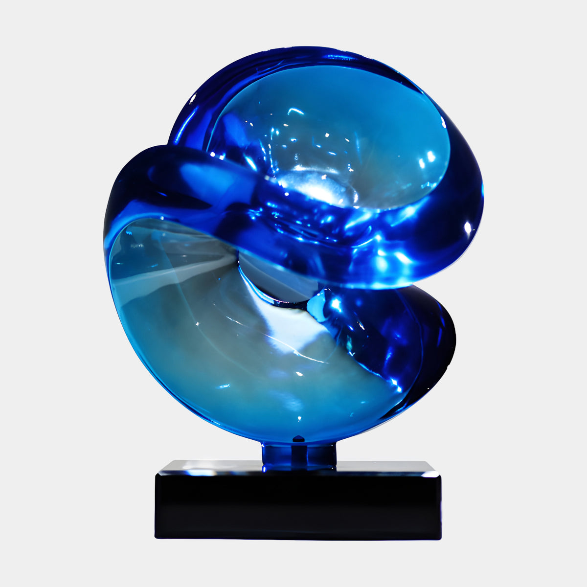 Blue Cut Sphere on Marble Resin Sculpture - 66cm with cobalt rims and pale blue hollows, raised on a blue stem and black marble base, shown against a plain white background.