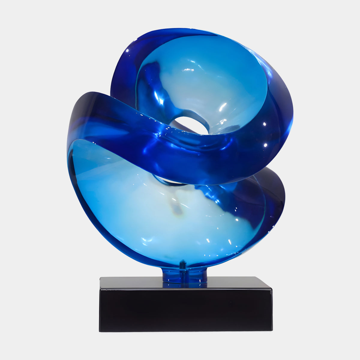 Blue Cut Sphere on Black Marble Resin Sculpture - 46cm, curling scoops of deep to ice-blue resin on a black marble base, shown against a plain white background.