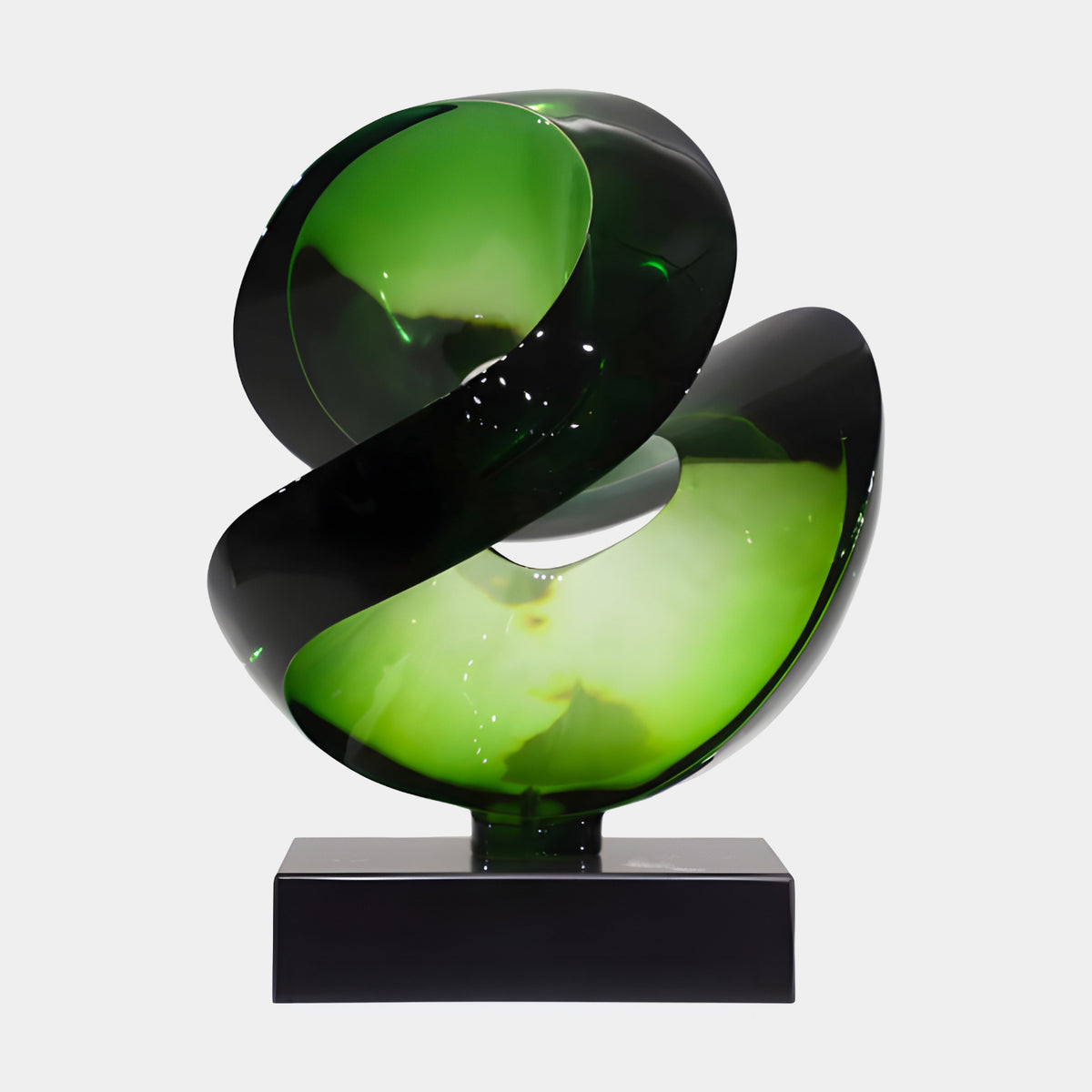 Green & Black Cut Sphere on Marble Resin Sculpture, 46cm, with swirling bottle-green and black scoops on a black marble base, plain light background.