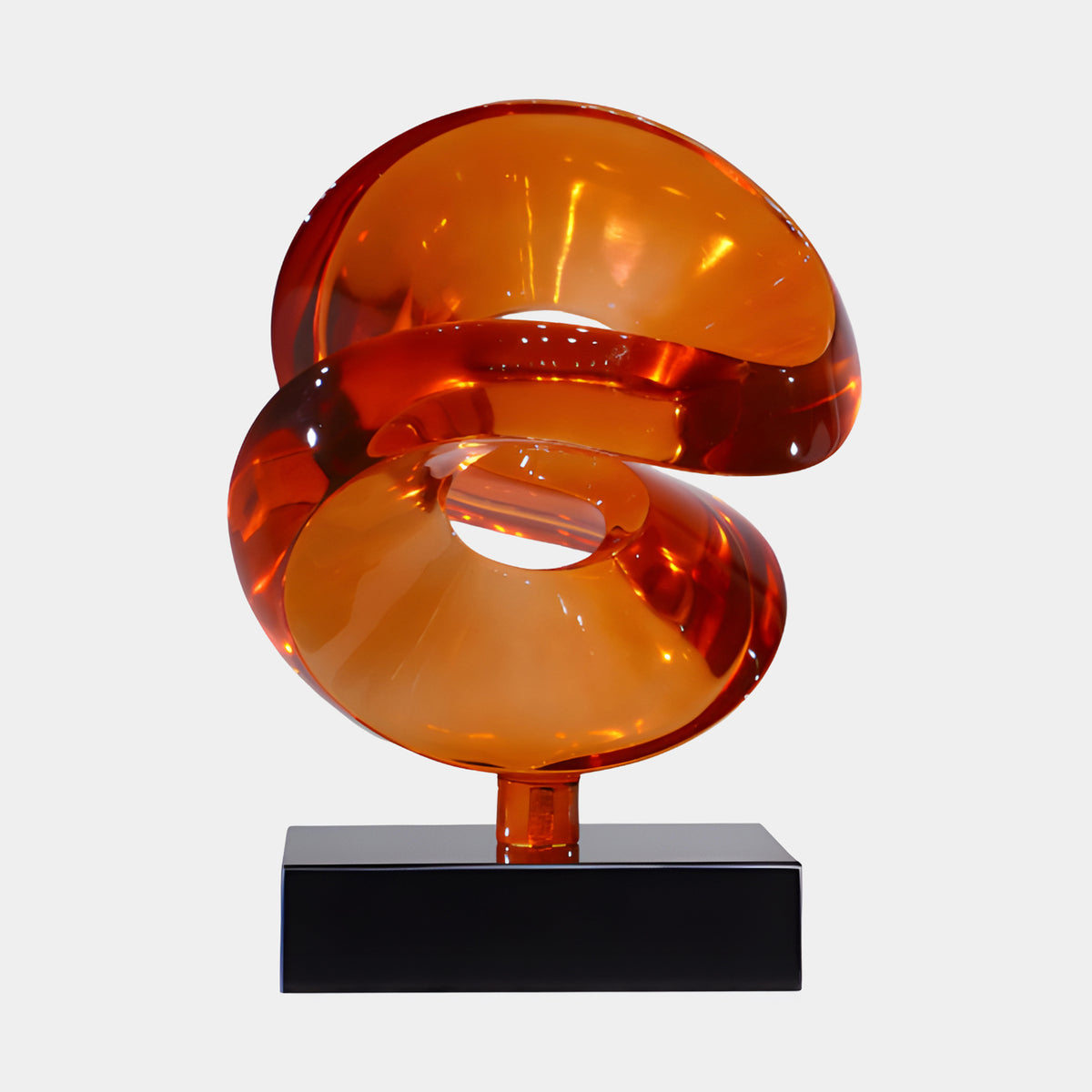 Orange Cut Sphere on Black Marble Resin Sculpture, 46cm, swirling translucent resin shape on a slim stem atop a black base, shown against a plain white background.