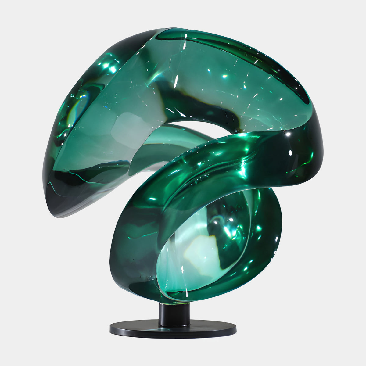 Teal Cut Sphere on Marble Resin Sculpture - 46cm, swirling teal-green resin scoops on a black stem and round marble base, shown against a plain white background.