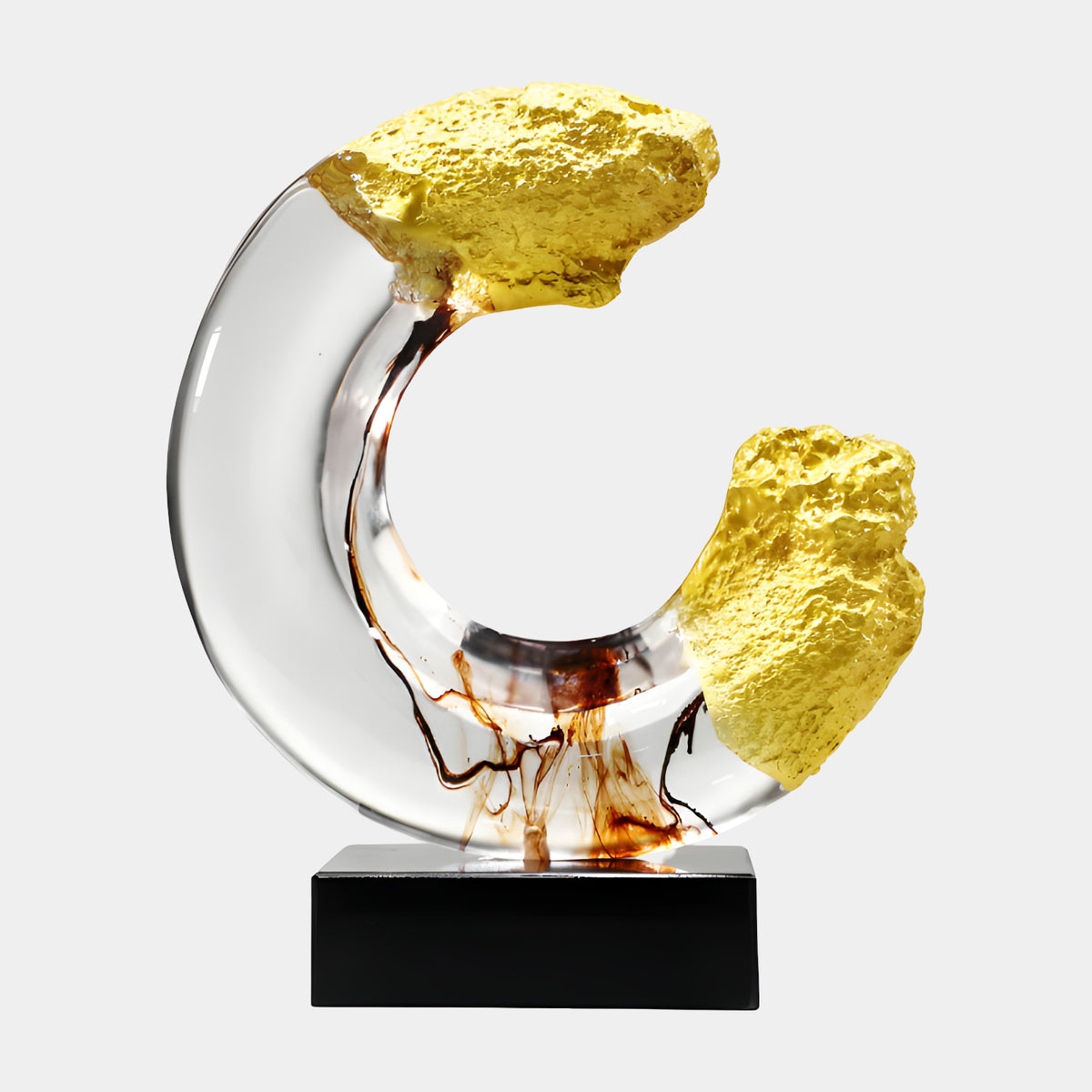 Clear Gold Broken Ring Resin Sculpture - 42cm with glossy clear arc, rough gold ends, and brown ink drips, set on a black marble base against a plain white background.