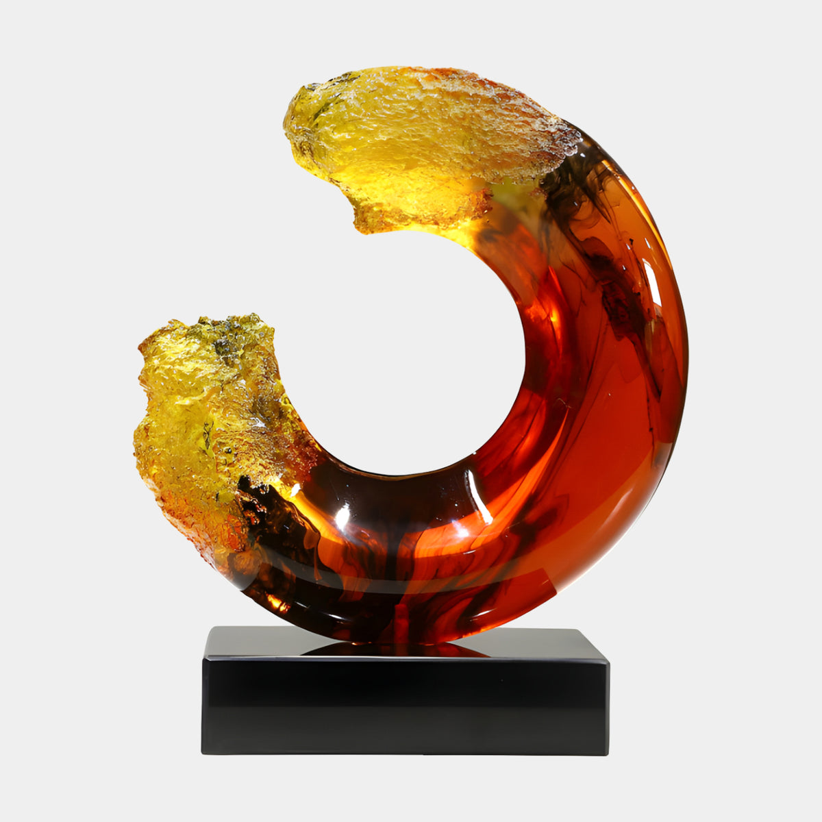 Amber Red Broken Ring Resin Sculpture, 42cm, with swirled dark red resin and rough yellow amber crusted ends on a black marble base, plain white background.