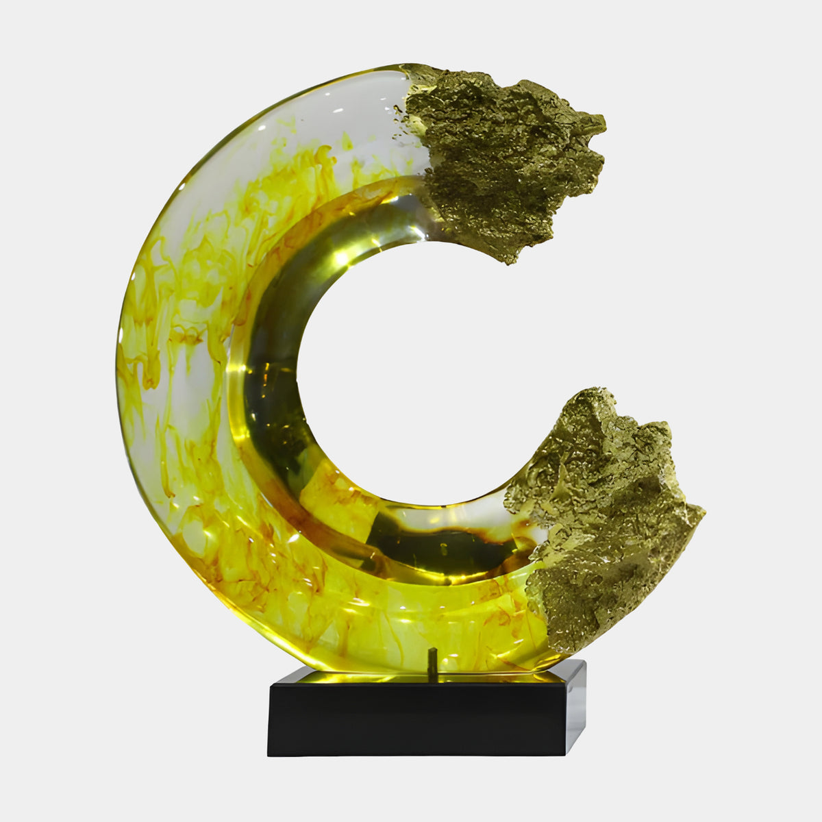 Yellow Gold Broken Ring Resin Sculpture (60cm) with marbled yellow and gold swirls, rough gold-textured breaks on each end, set on a black base against a plain light background.